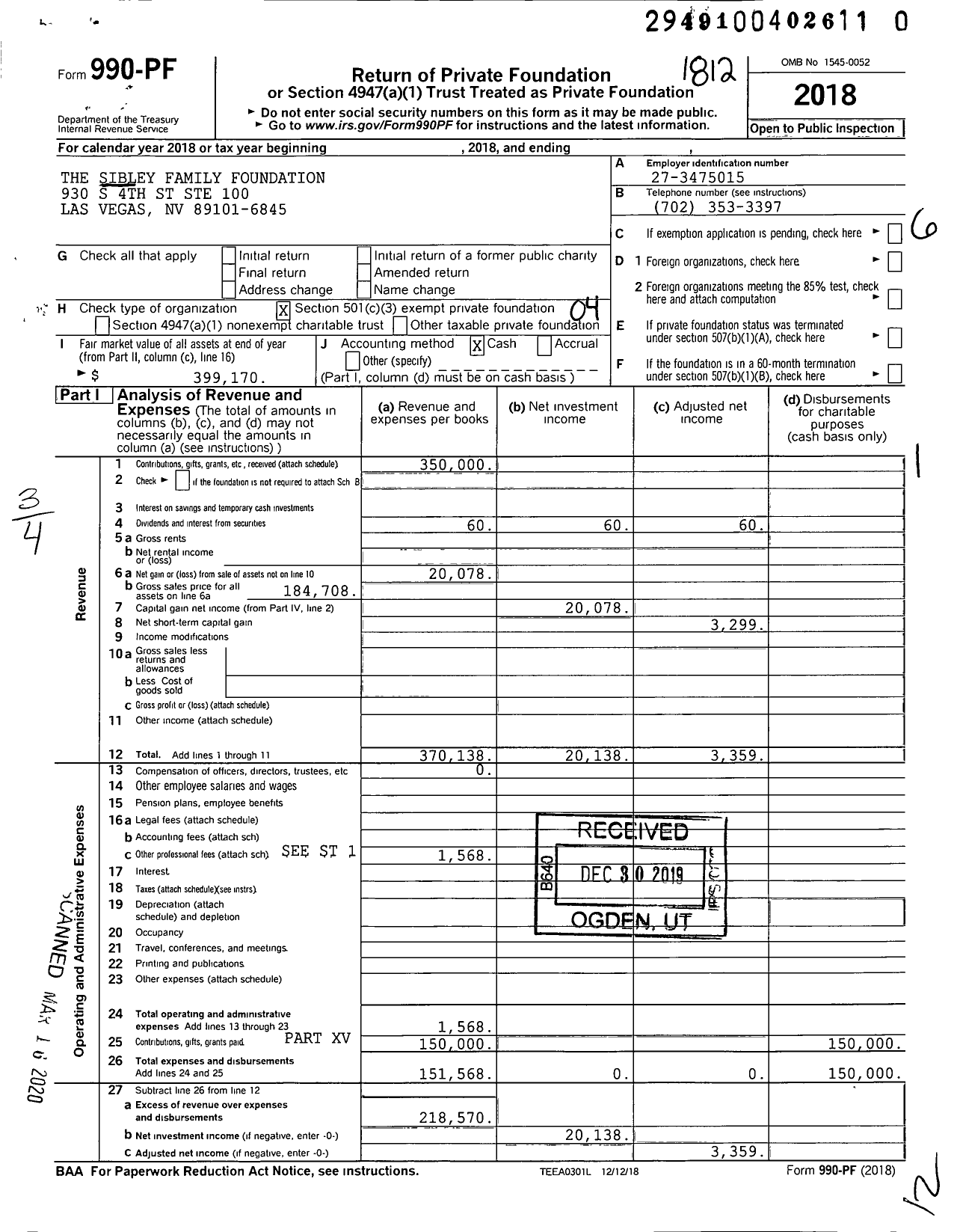 Image of first page of 2018 Form 990PR for The Sibley Family Foundation