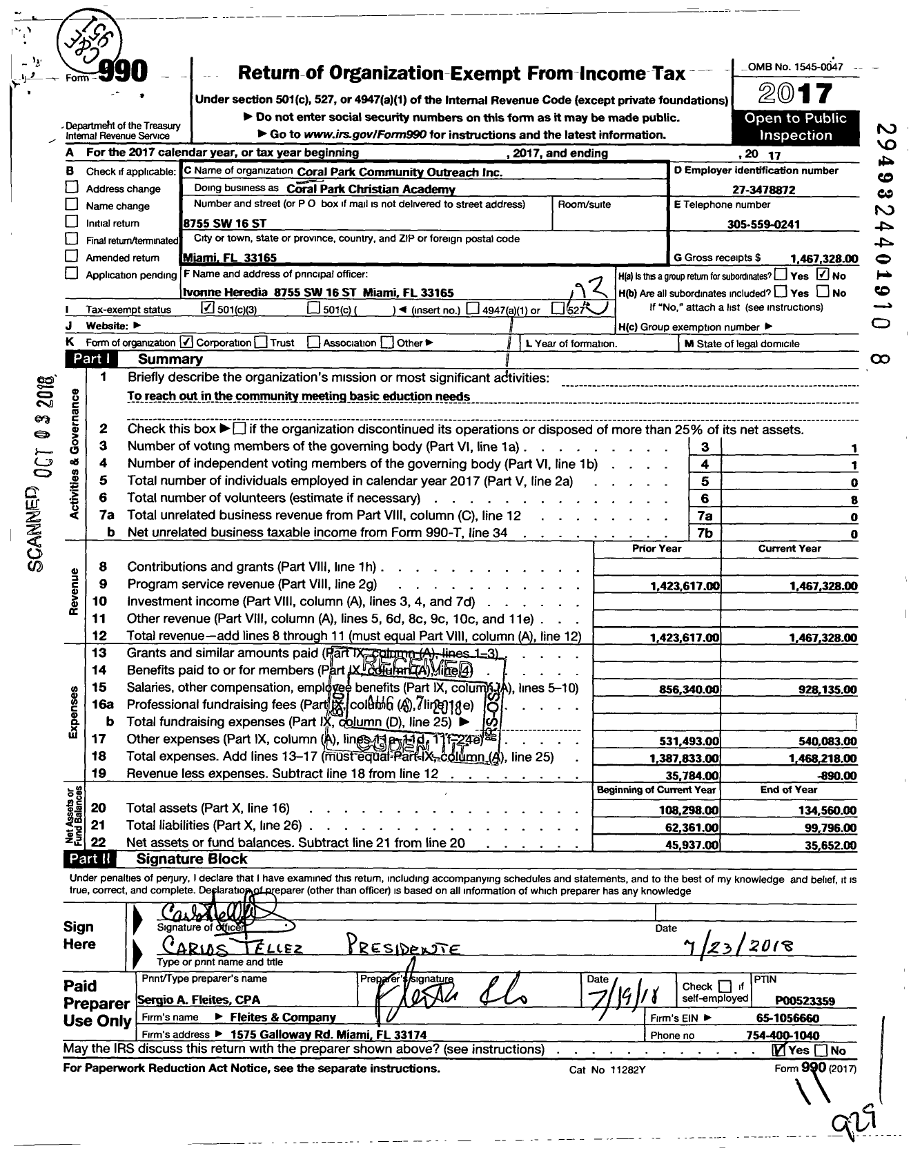 Image of first page of 2017 Form 990 for Coral Park Community Outreach