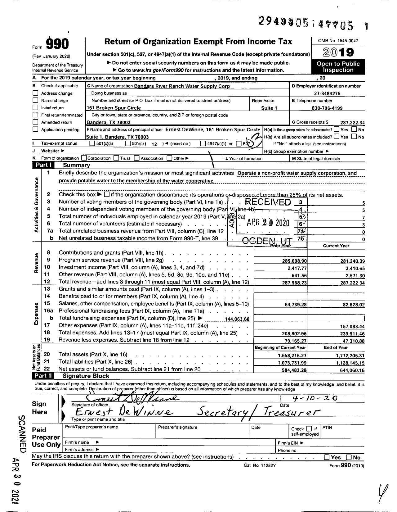 Image of first page of 2019 Form 990 for Bandera River Ranch Water Supply Corp