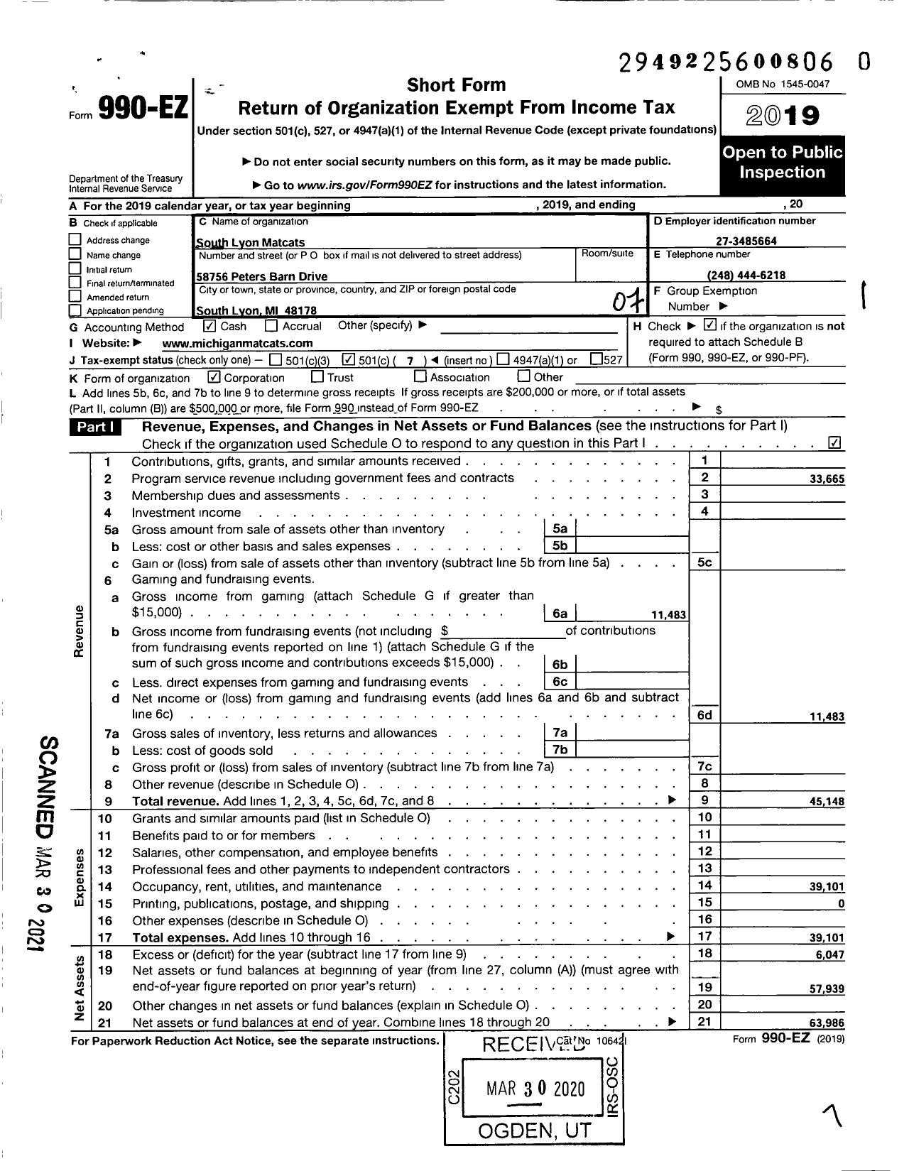 Image of first page of 2019 Form 990EO for South Lyon Matcats