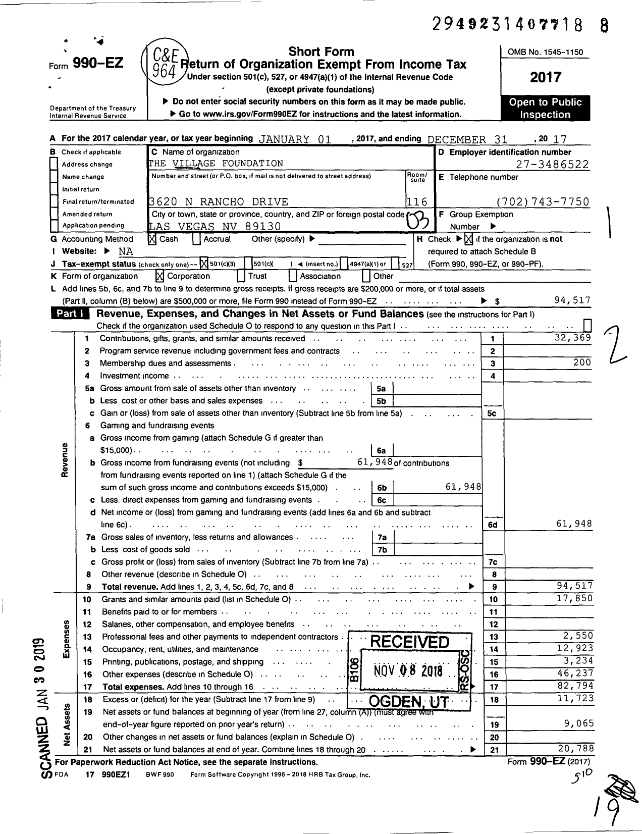 Image of first page of 2017 Form 990EZ for The Village Foundation