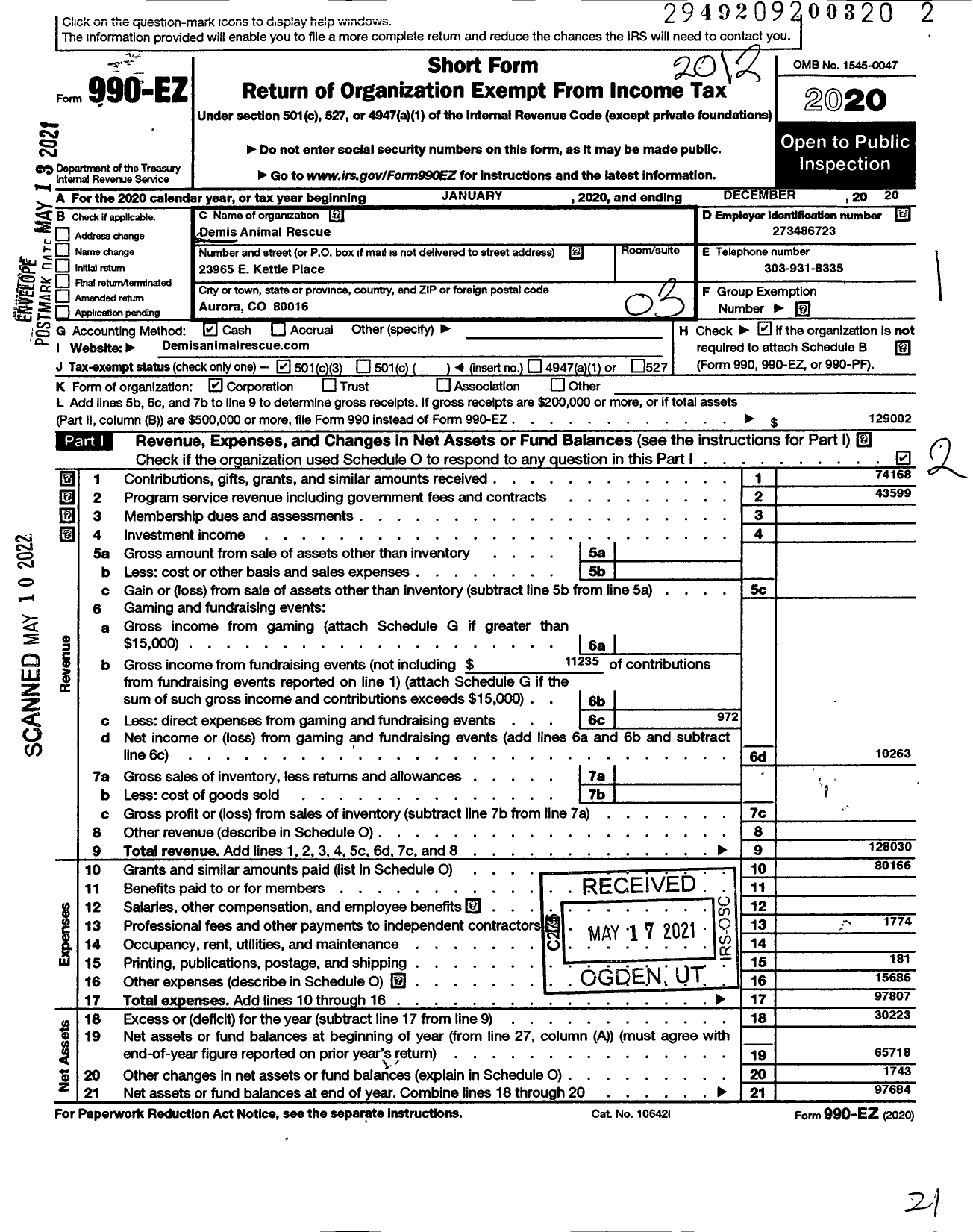 Image of first page of 2020 Form 990EZ for Demis Animal Rescue