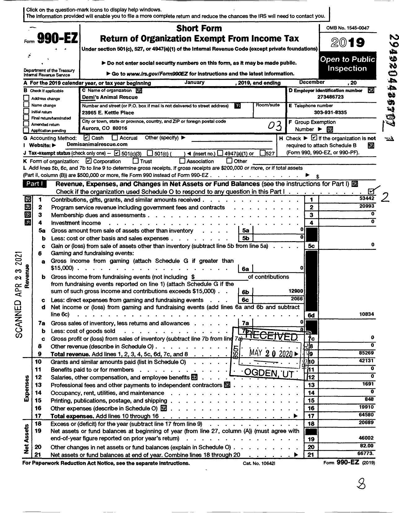 Image of first page of 2019 Form 990EZ for Demis Animal Rescue