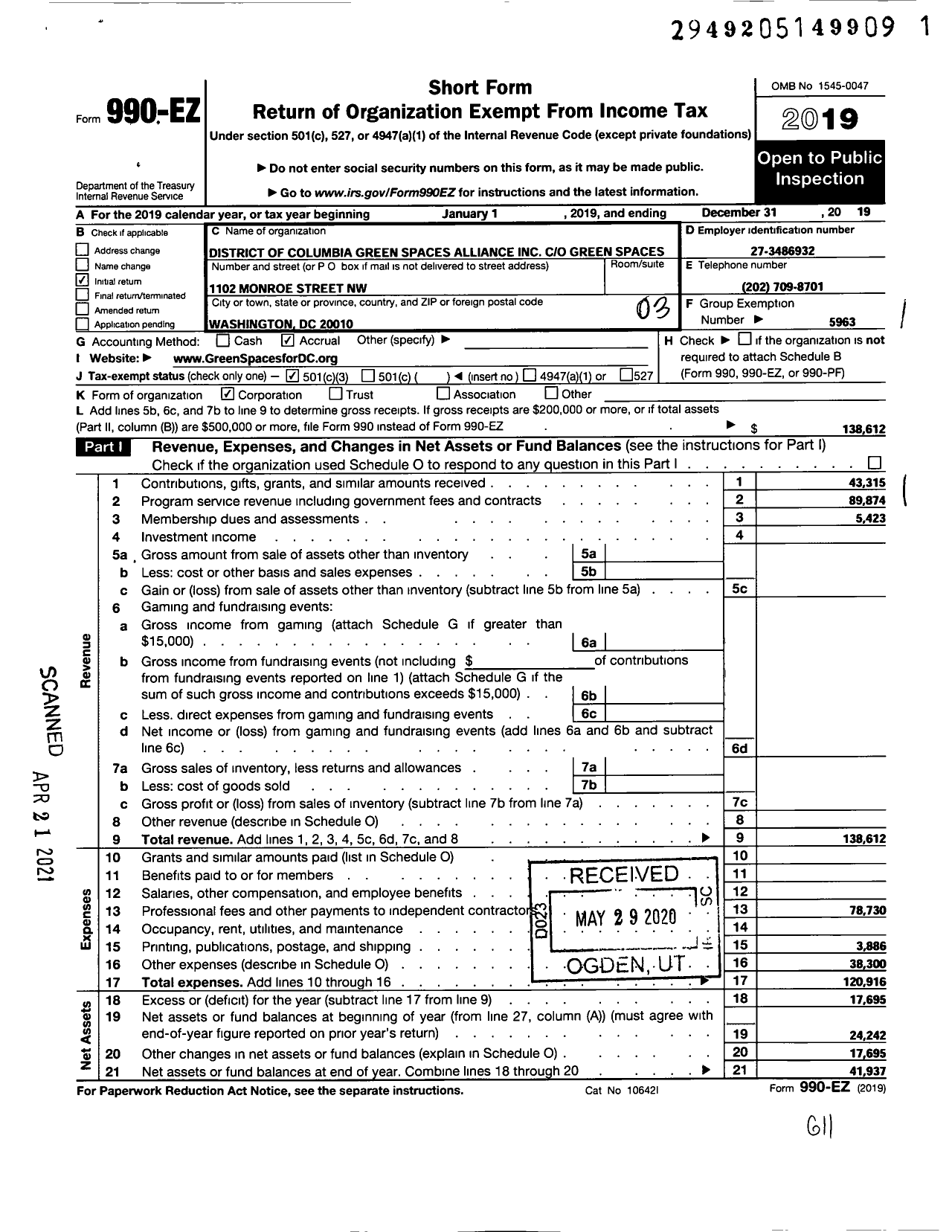 Image of first page of 2019 Form 990EZ for District of Columbia Green Spaces Alliance