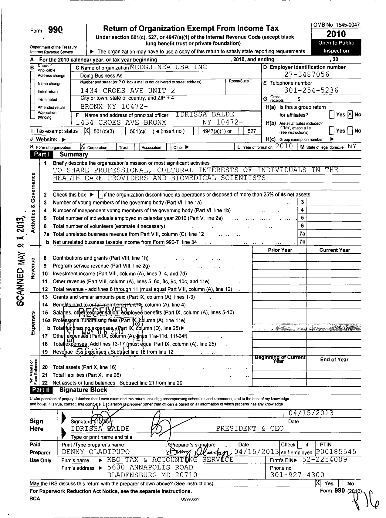 Image of first page of 2010 Form 990 for Medguinea-Usa