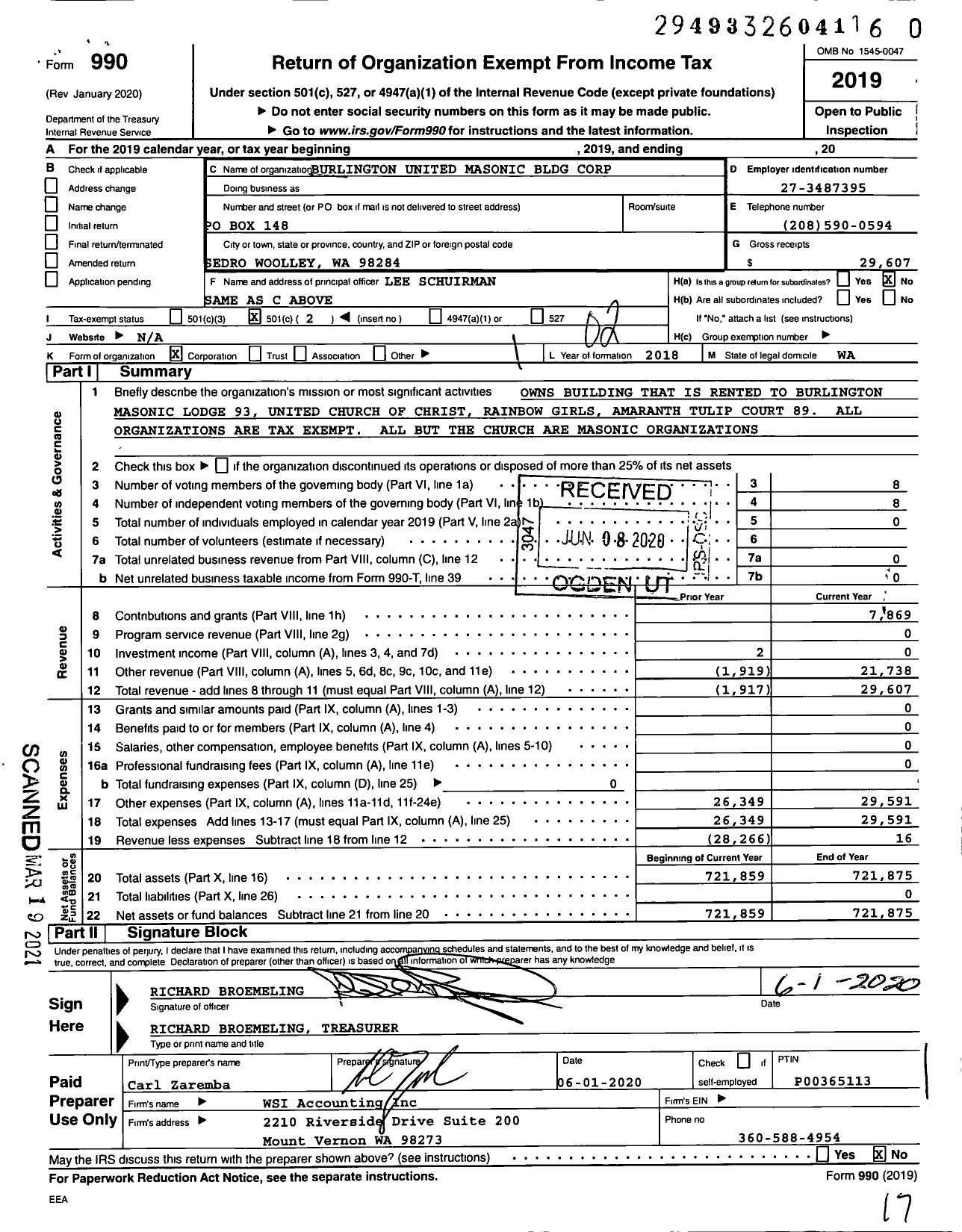 Image of first page of 2019 Form 990O for Burlington United Masonic Bldg Corporation