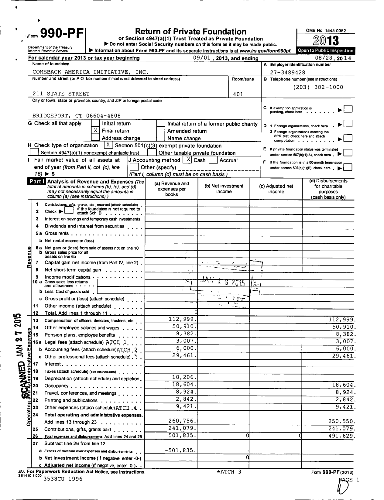Image of first page of 2013 Form 990PF for Comeback America Initiative