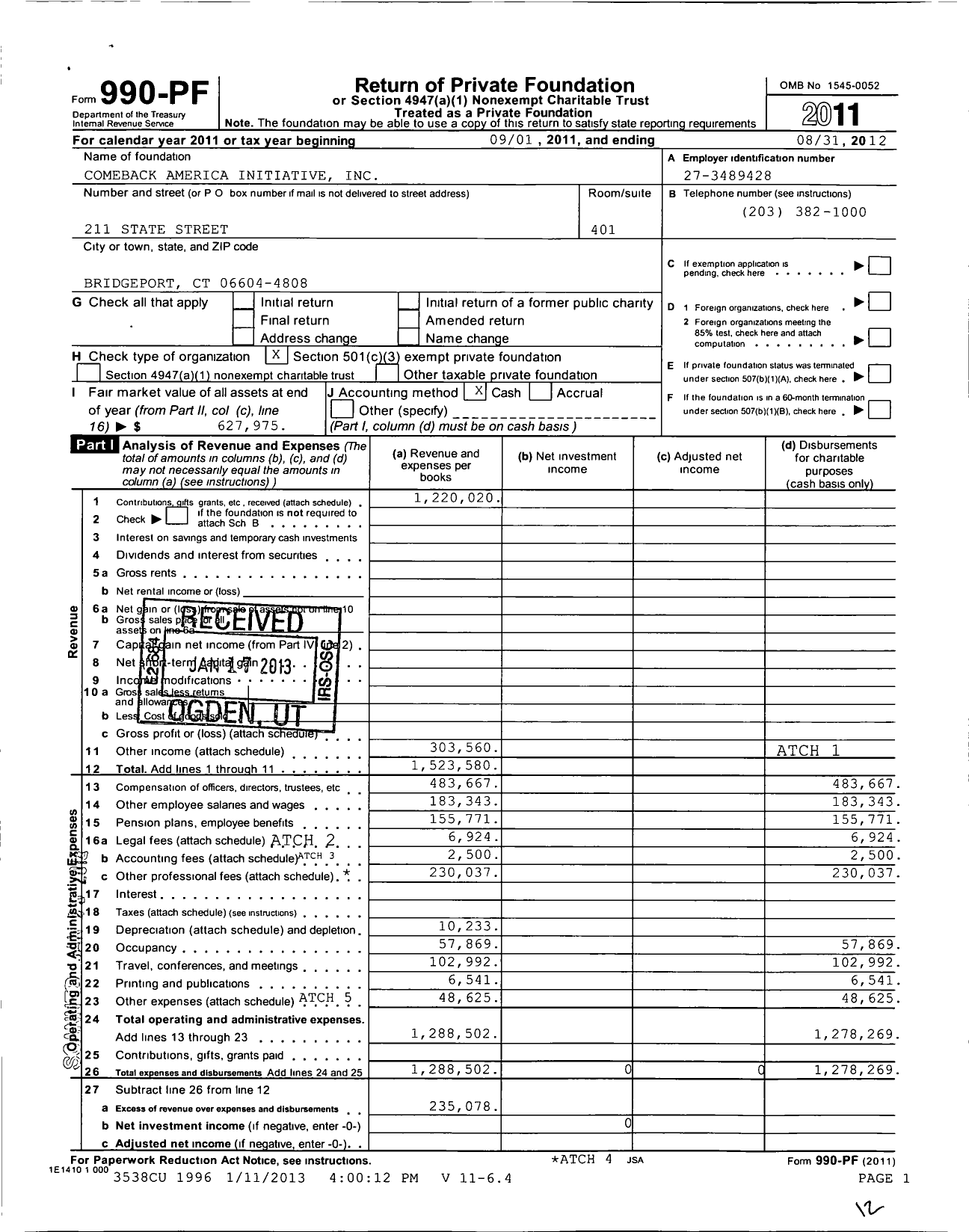 Image of first page of 2011 Form 990PF for Comeback America Initiative