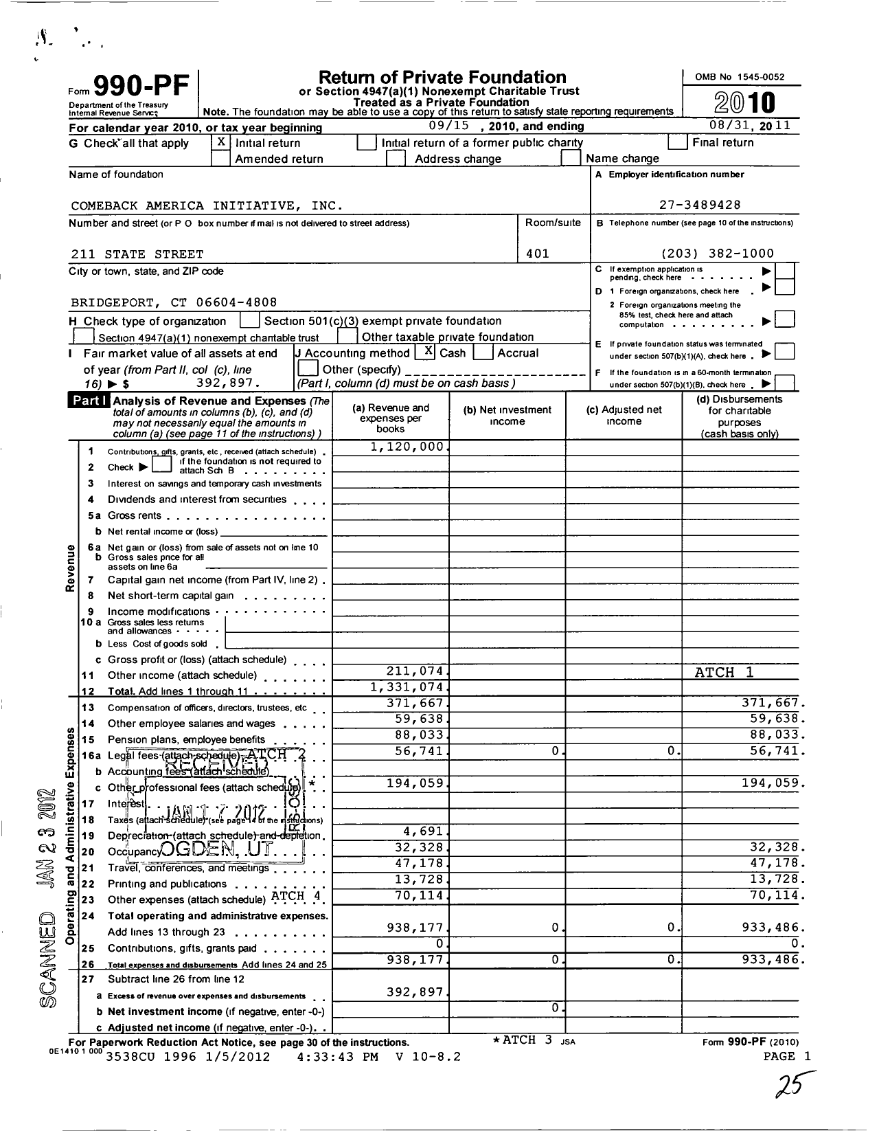 Image of first page of 2010 Form 990PF for Comeback America Initiative