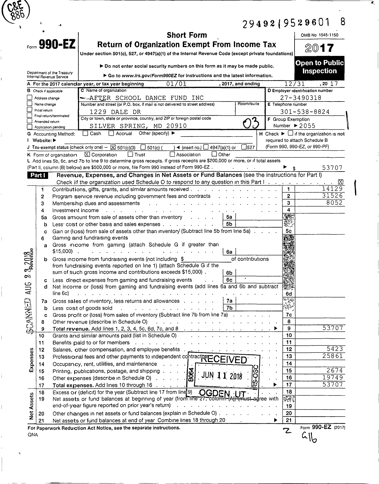 Image of first page of 2017 Form 990EZ for After School Dance Fund