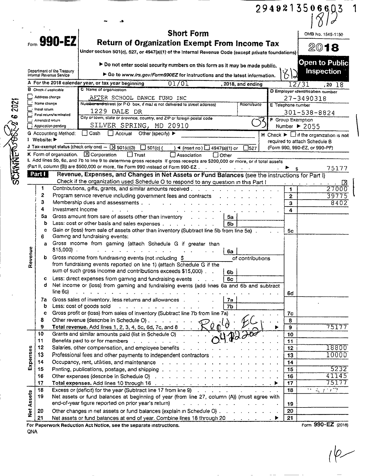 Image of first page of 2018 Form 990EZ for After School Dance Fund