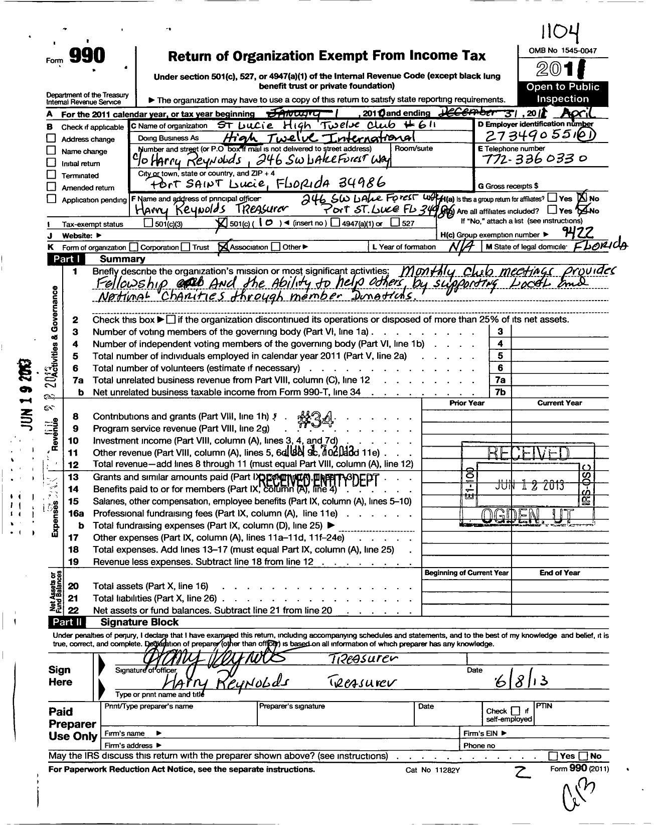 Image of first page of 2010 Form 990O for High Twelve International - 611 Port Saint Lucie