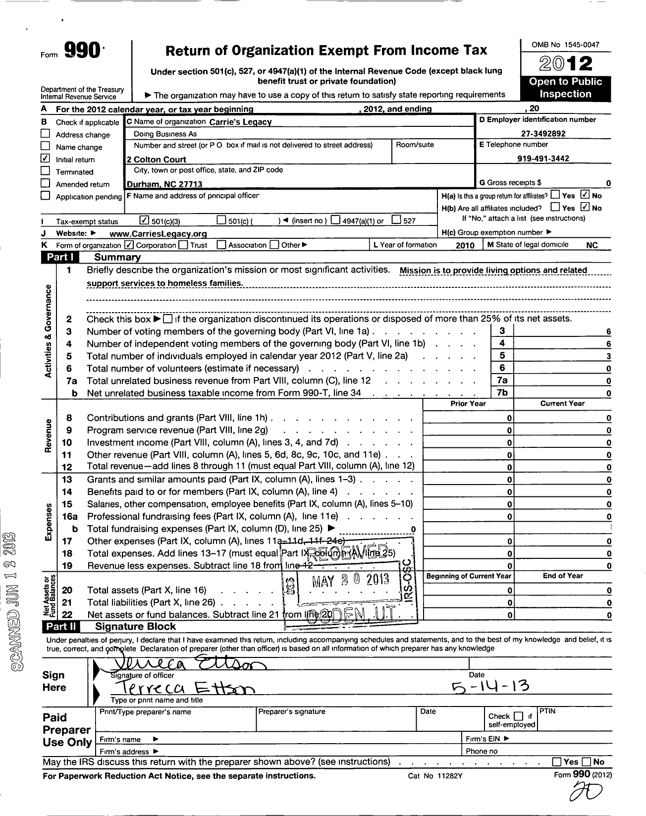 Image of first page of 2012 Form 990 for Carries Legacy