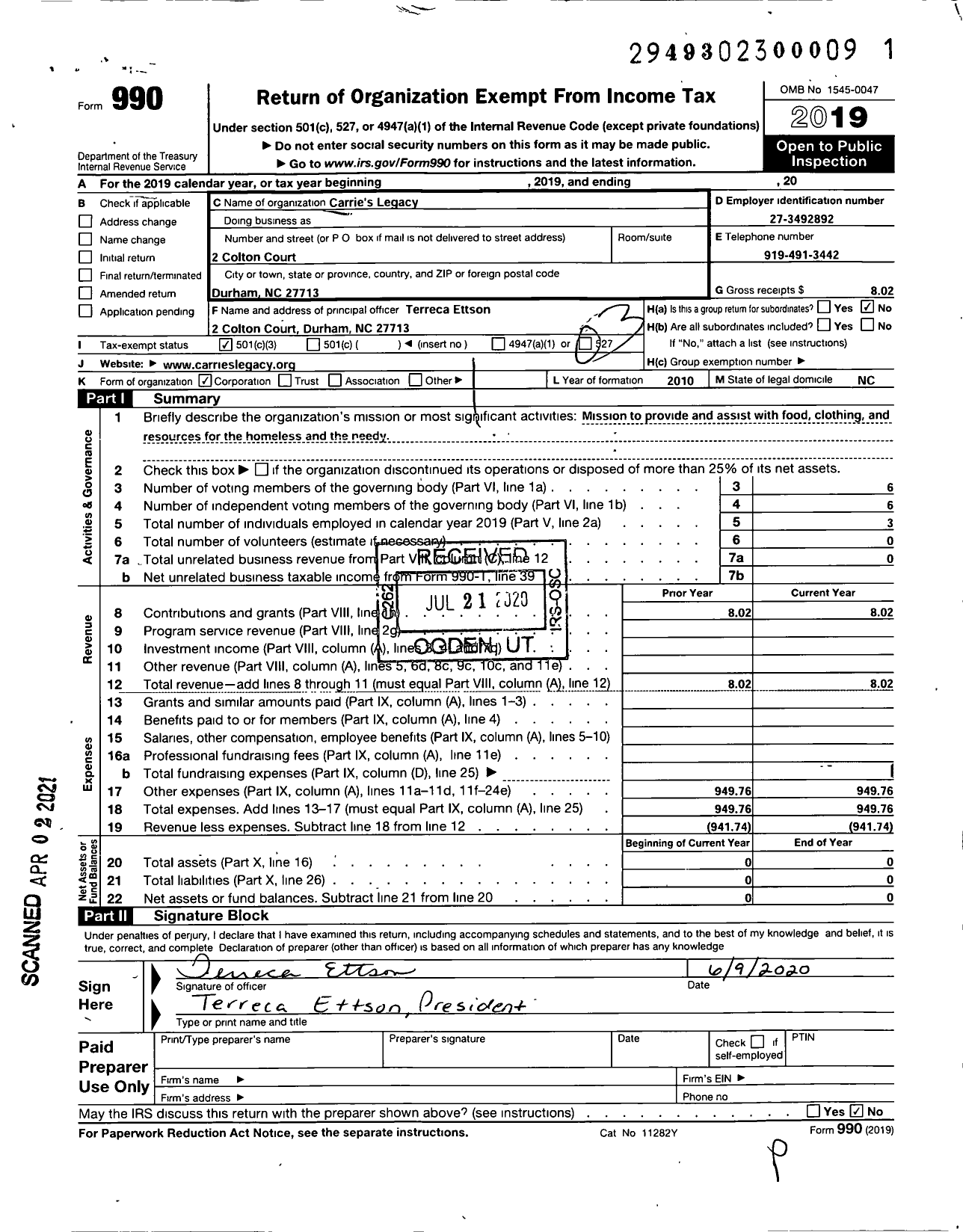 Image of first page of 2019 Form 990 for Carries Legacy