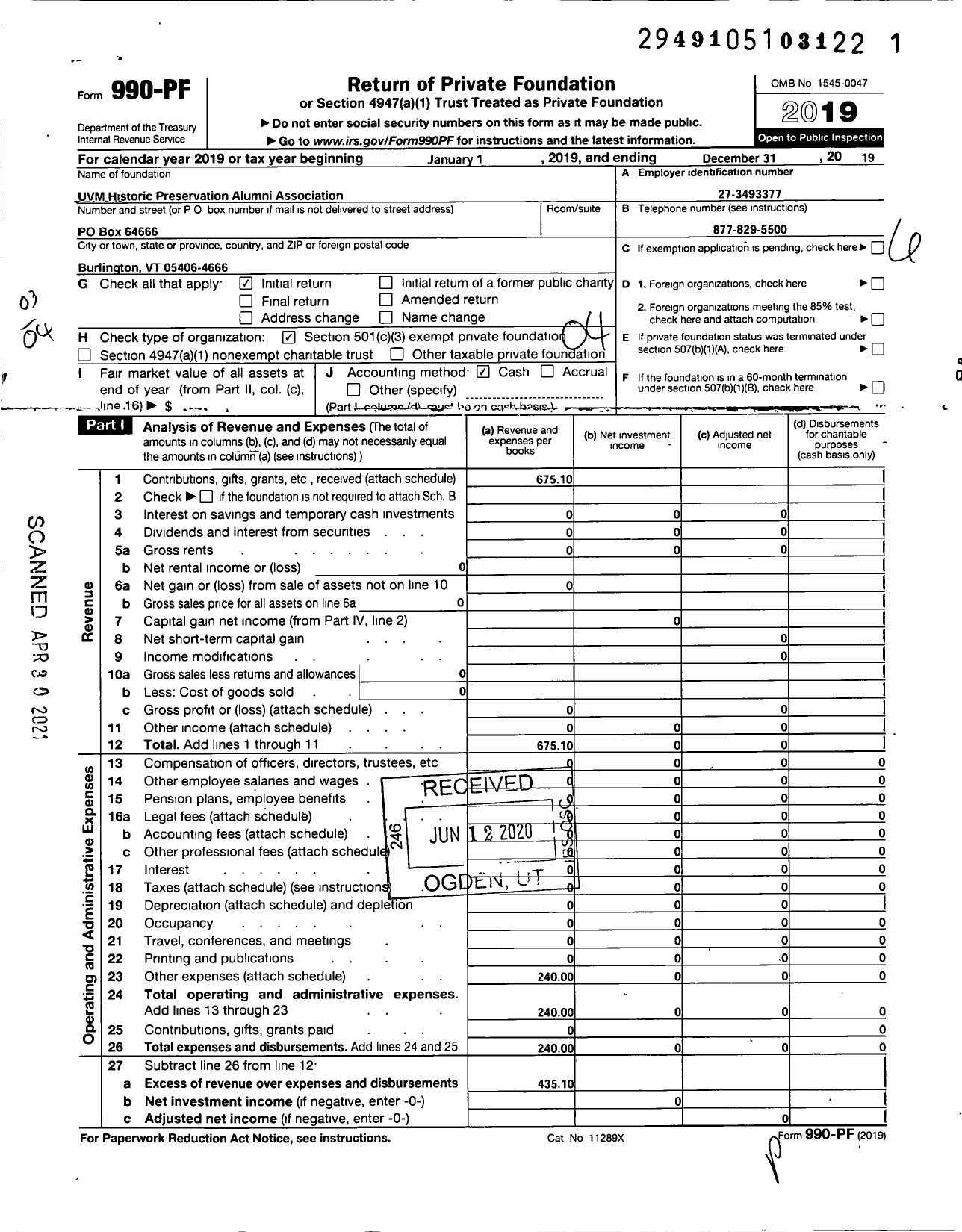 Image of first page of 2019 Form 990PF for Uvm Historic Preservation Alumni Association