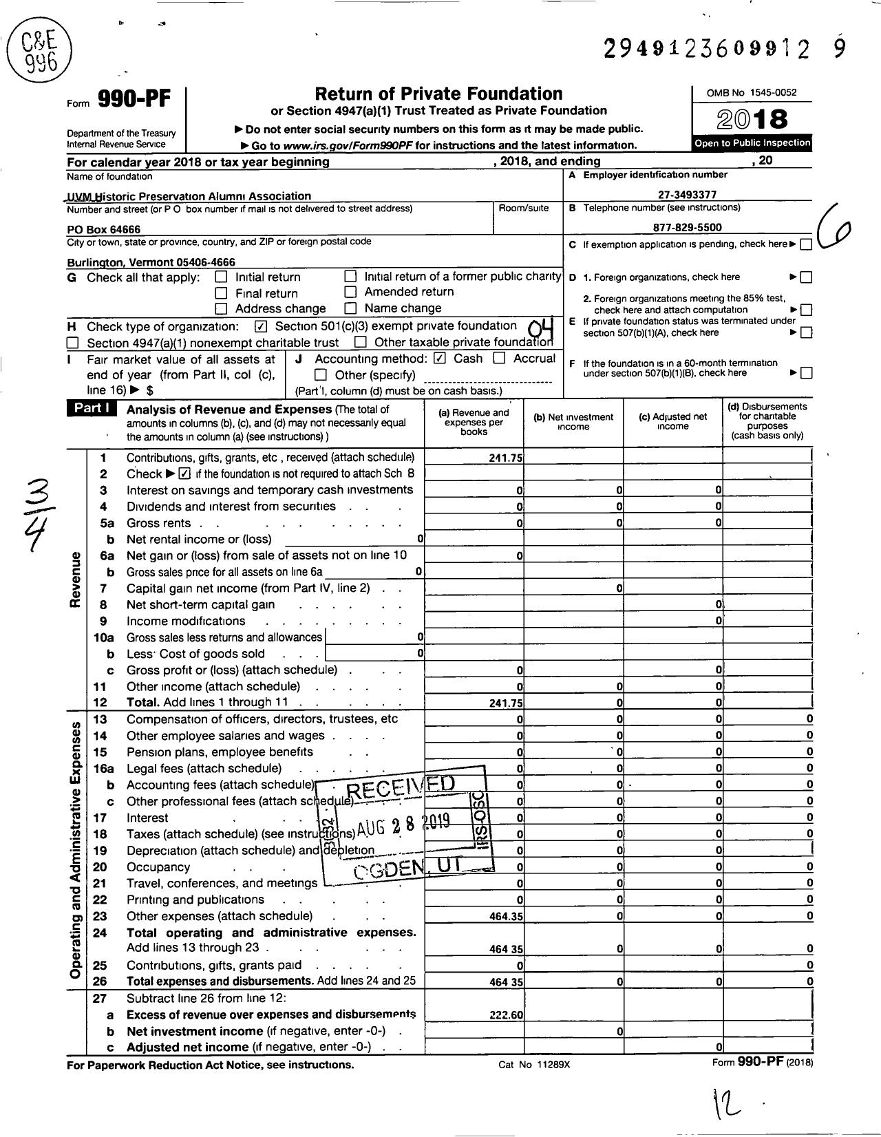 Image of first page of 2018 Form 990PF for Uvm Historic Preservation Alumni Association