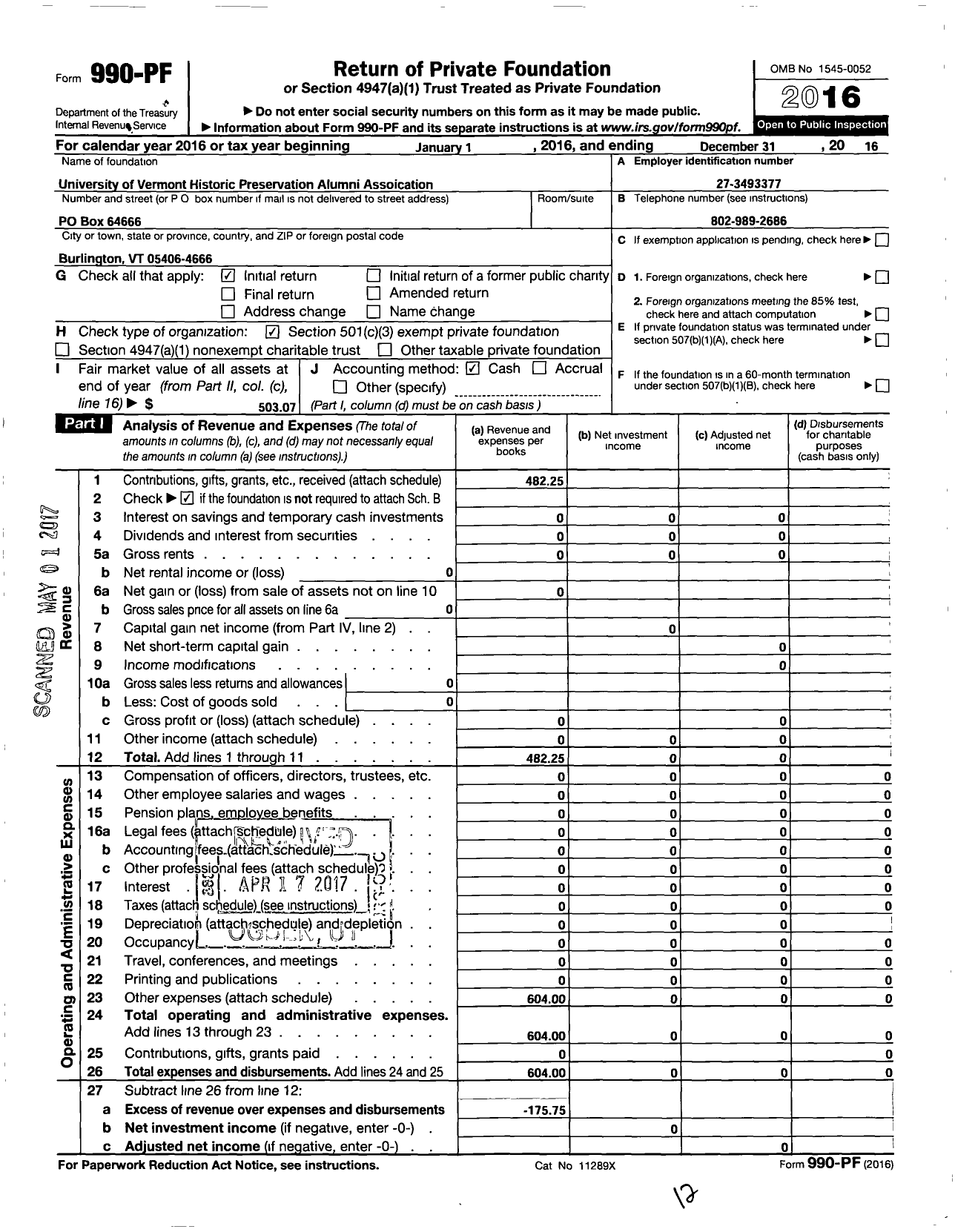 Image of first page of 2016 Form 990PF for Uvm Historic Preservation Alumni Association