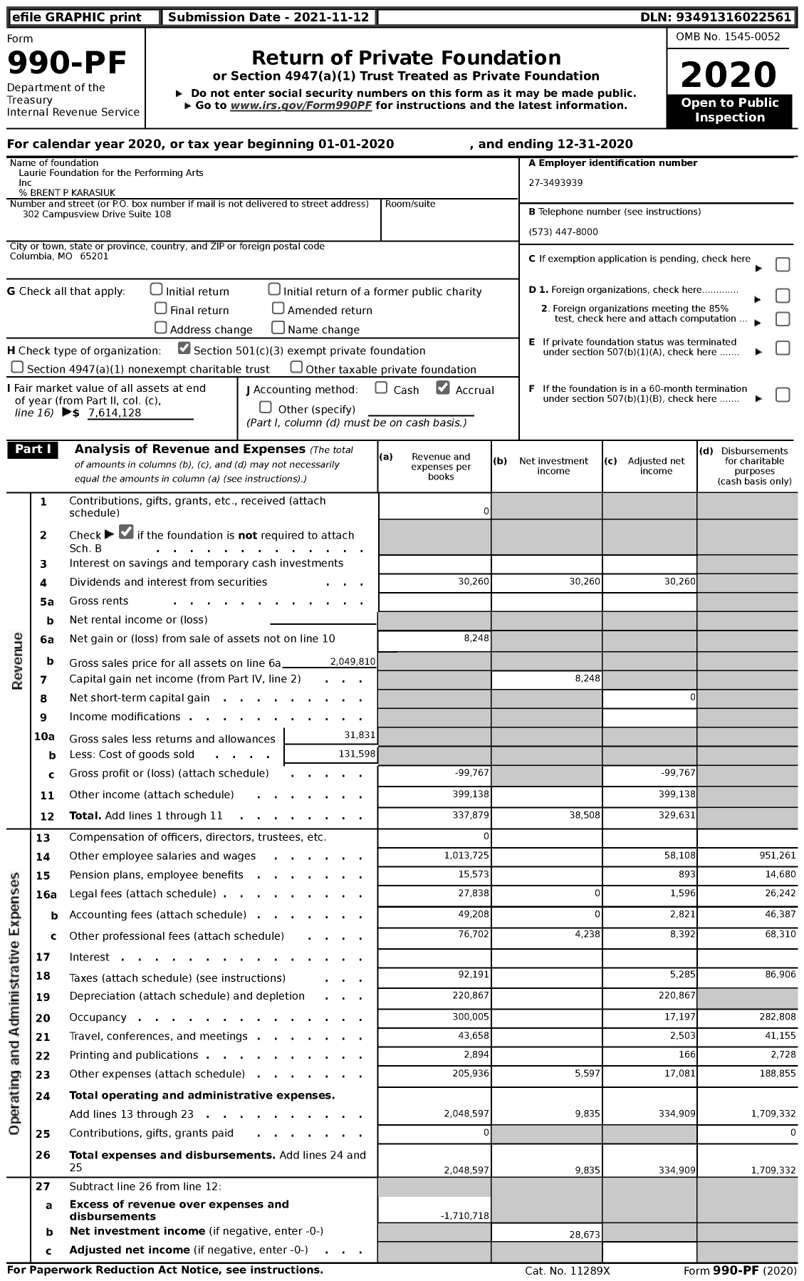 Image of first page of 2020 Form 990PF for Laurie Foundation for the Performing Arts