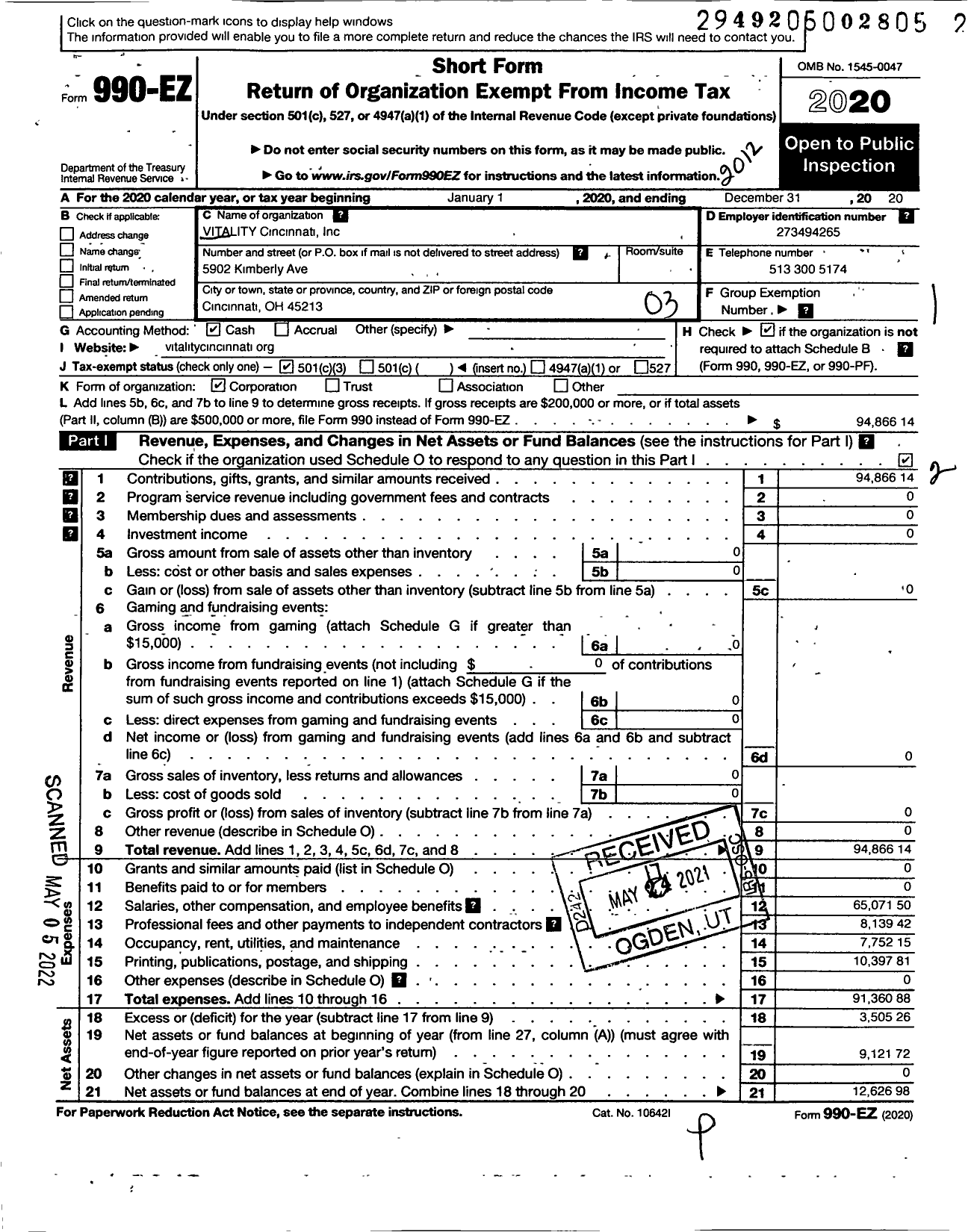 Image of first page of 2020 Form 990EZ for Vitality Cincinnati