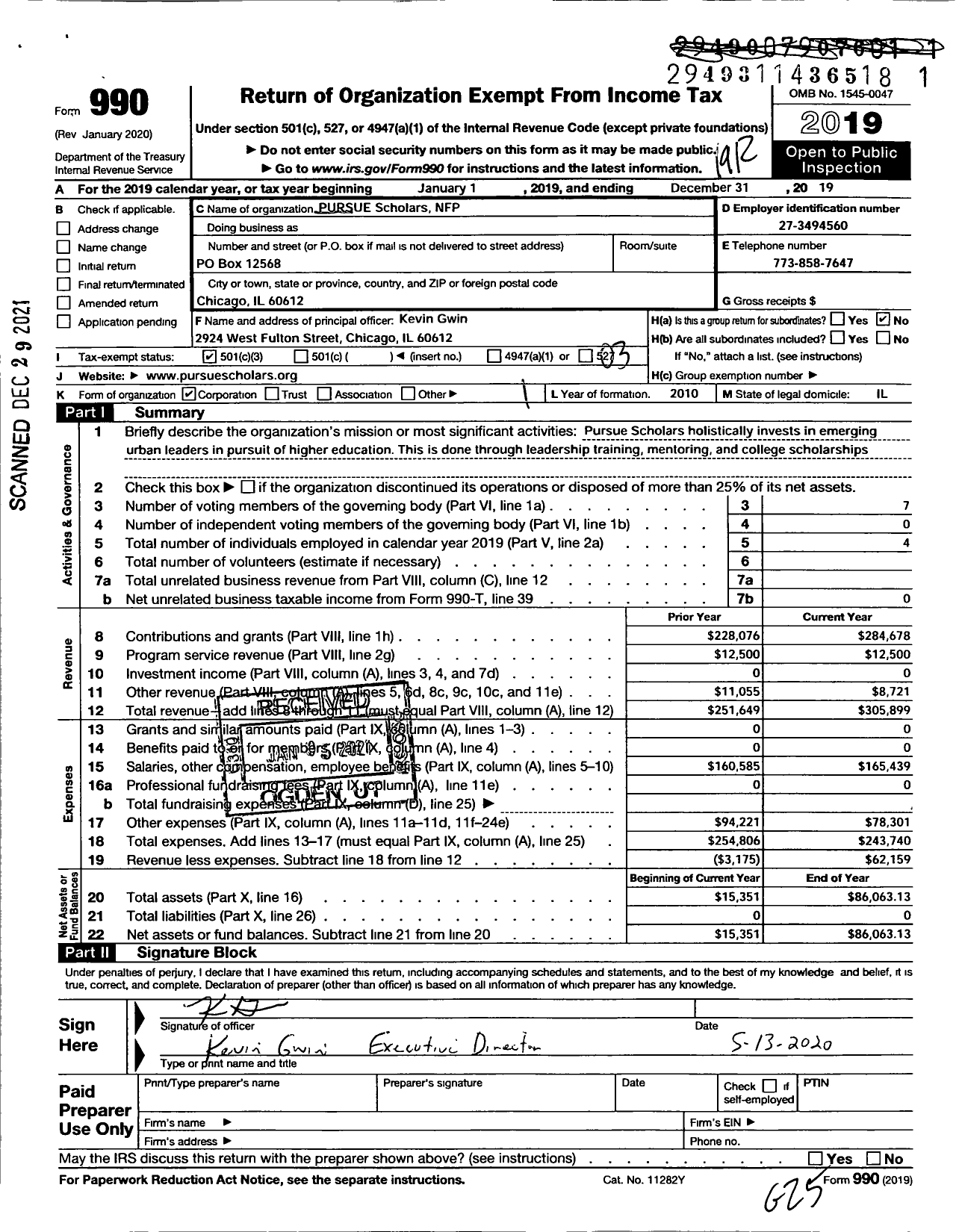 Image of first page of 2019 Form 990 for Pursue Scholars NFP