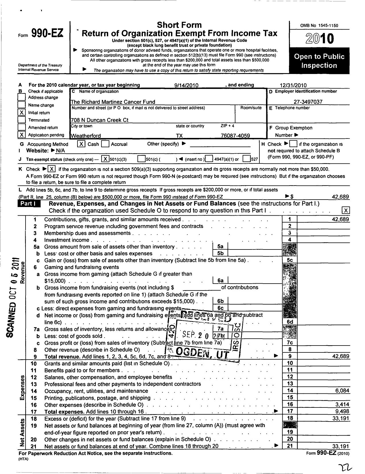 Image of first page of 2010 Form 990EZ for Richard Martinez Cancer Fund