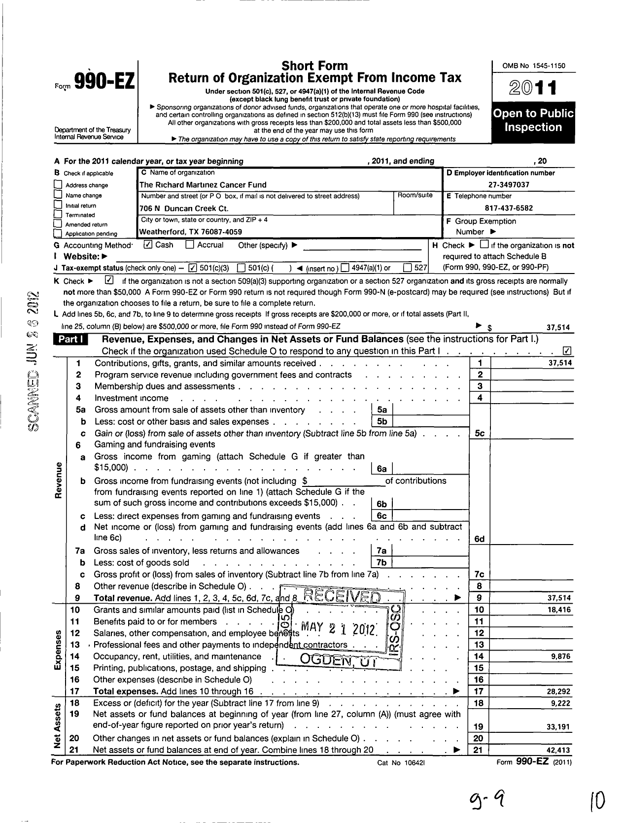 Image of first page of 2011 Form 990EZ for Richard Martinez Cancer Fund