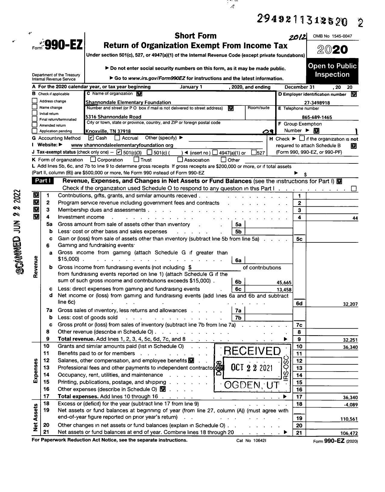 Image of first page of 2020 Form 990EZ for Shannondale Elementary Foundation