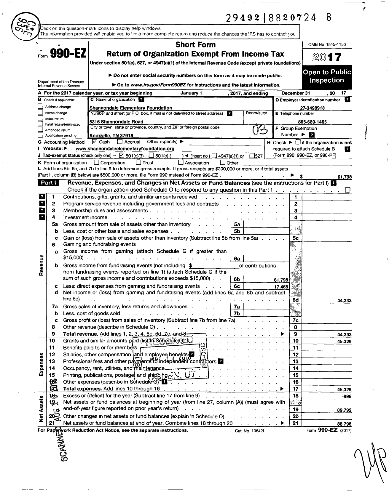 Image of first page of 2017 Form 990EZ for Shannondale Elementary Foundation