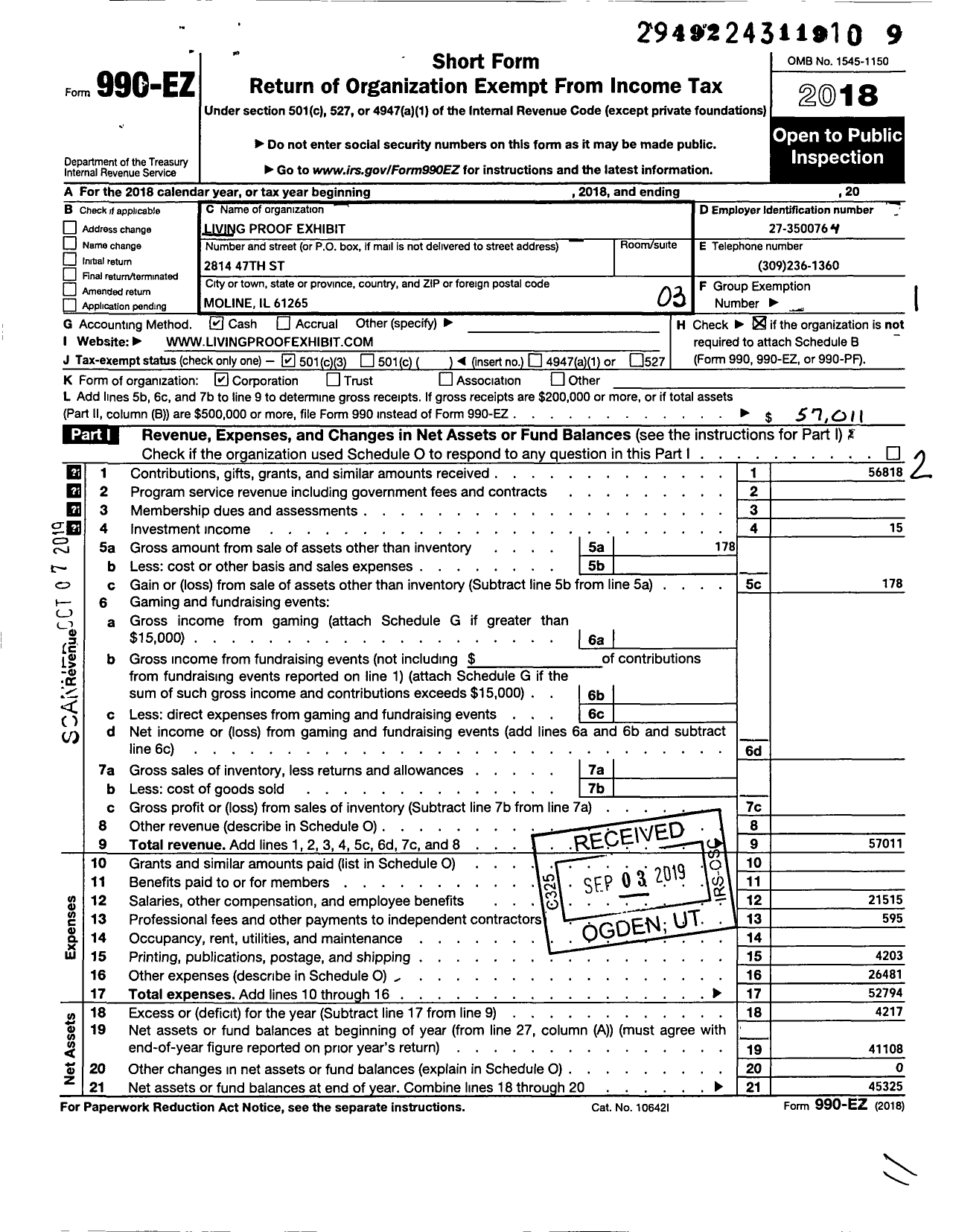 Image of first page of 2018 Form 990EZ for Living Proof Exhibit