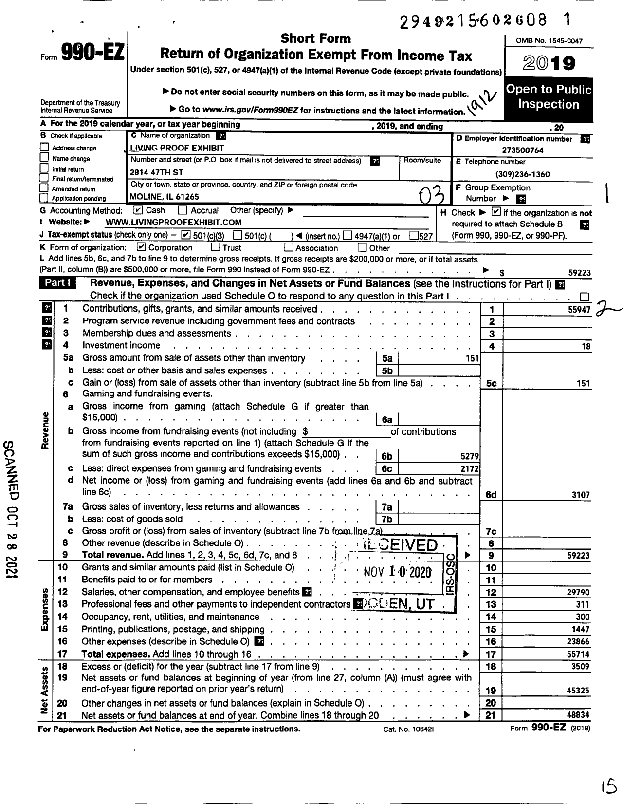 Image of first page of 2019 Form 990EZ for Living Proof Exhibit