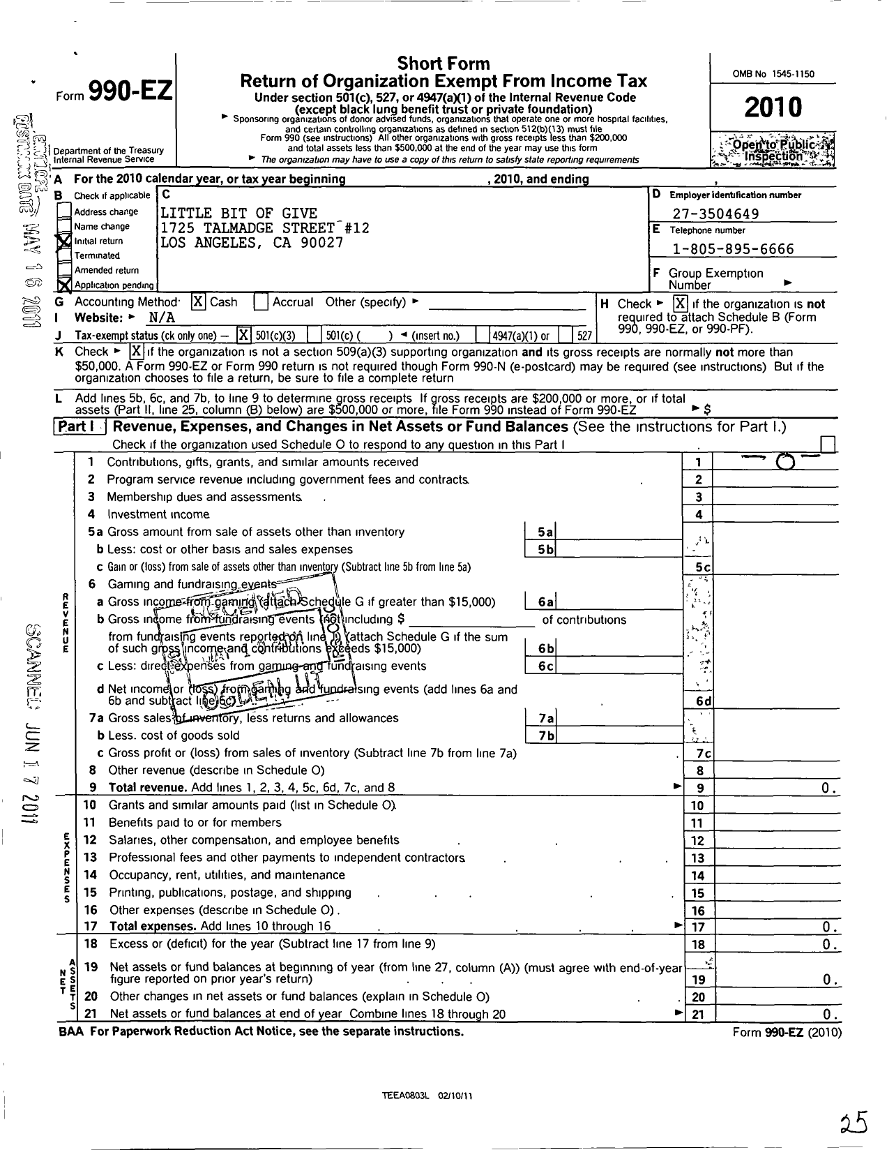 Image of first page of 2010 Form 990EZ for Little Bit of Give