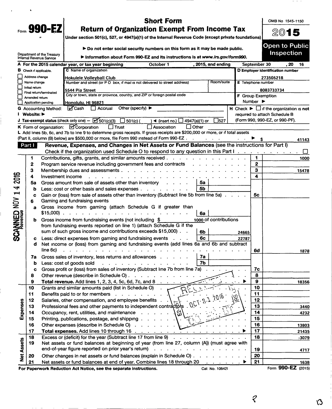 Image of first page of 2015 Form 990EZ for Hokulele Volleyball Club