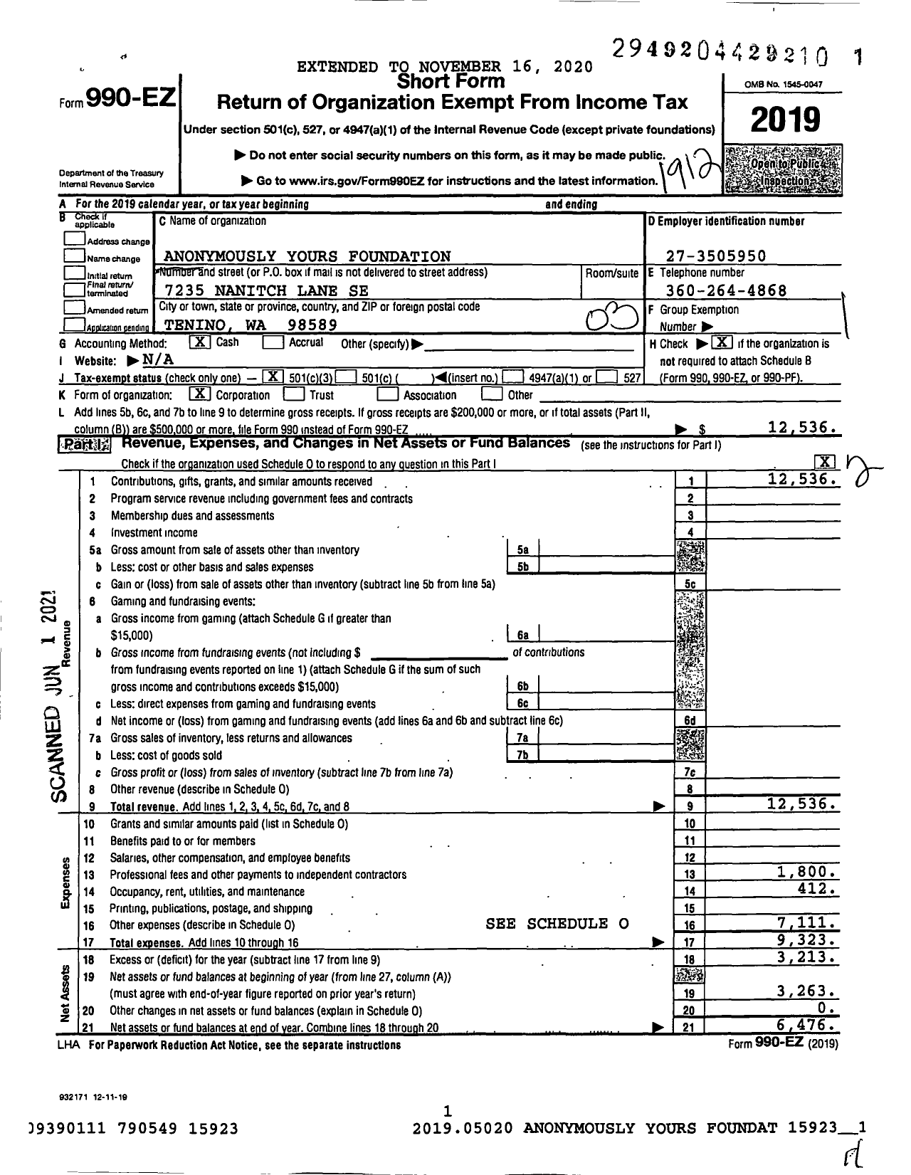 Image of first page of 2019 Form 990EZ for Anonymously Yours Foundation