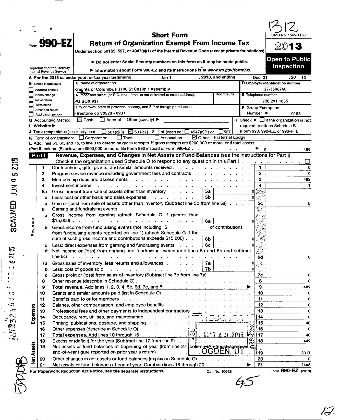 Image of first page of 2013 Form 990EO for Knights of Columbus - 3190 St Casimir Assembly