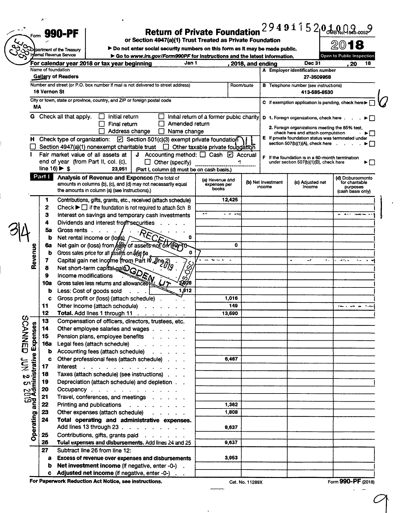 Image of first page of 2018 Form 990PF for Gallery of Readers