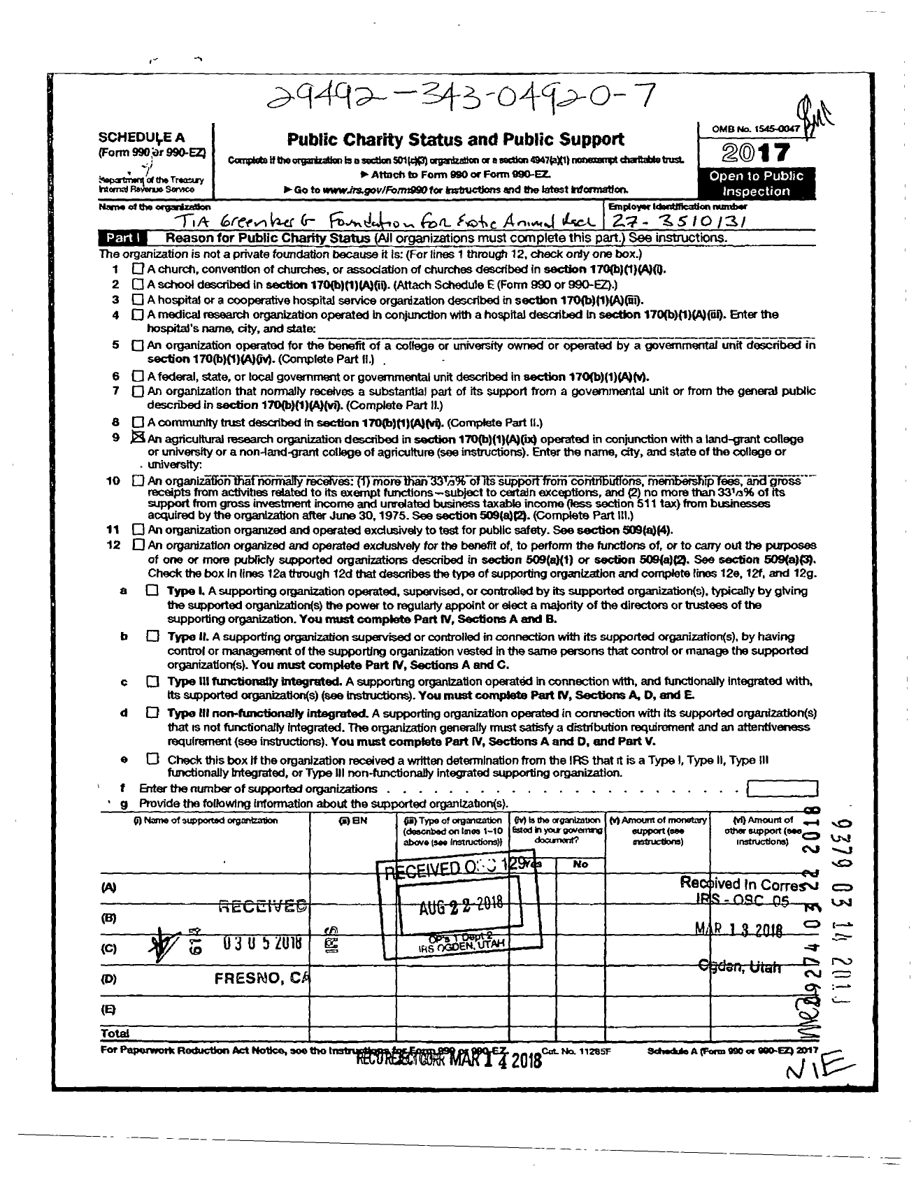 Image of first page of 2017 Form 990ER for Tia Greenberg Foundation for Exotic Animal Research