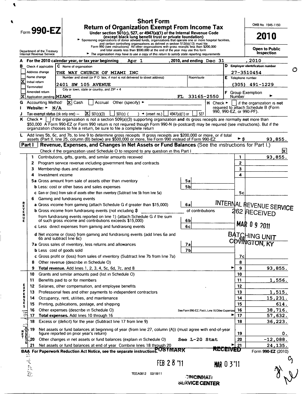 Image of first page of 2010 Form 990EZ for Way Church of Miami