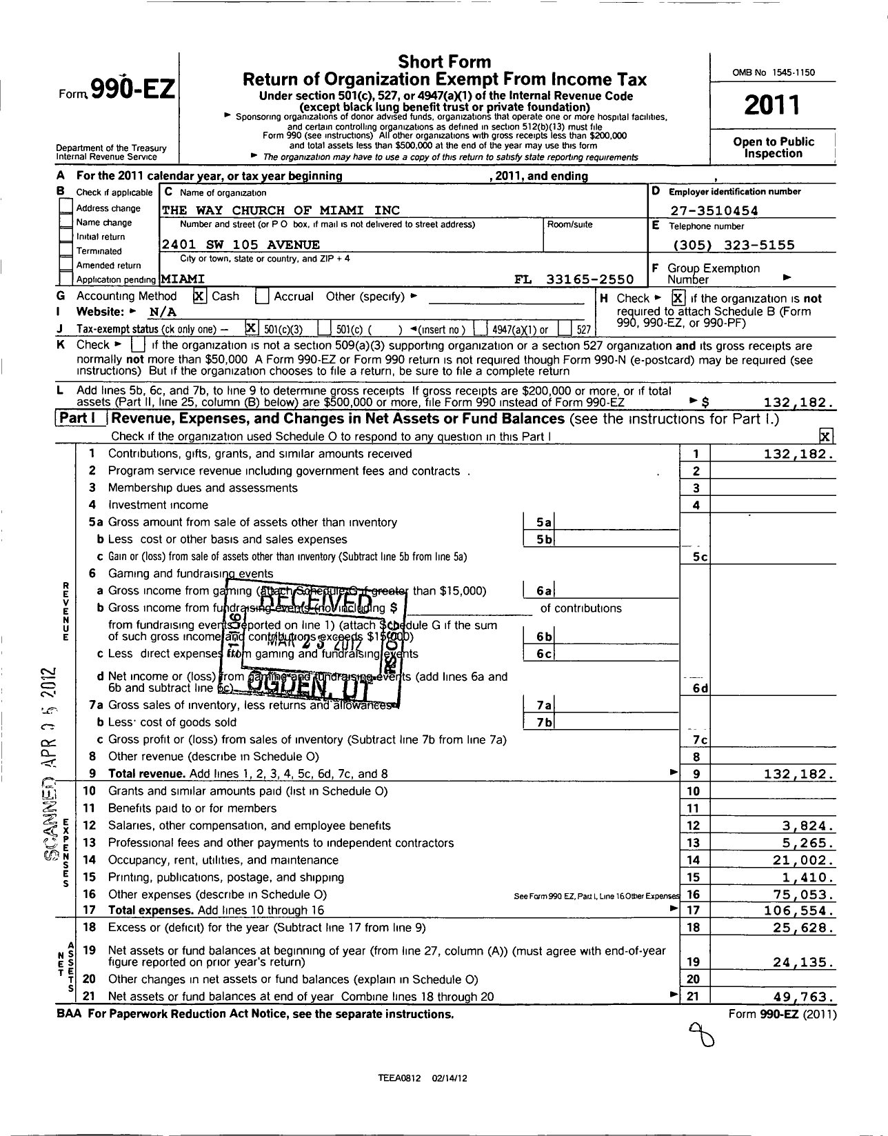 Image of first page of 2011 Form 990EZ for Way Church of Miami