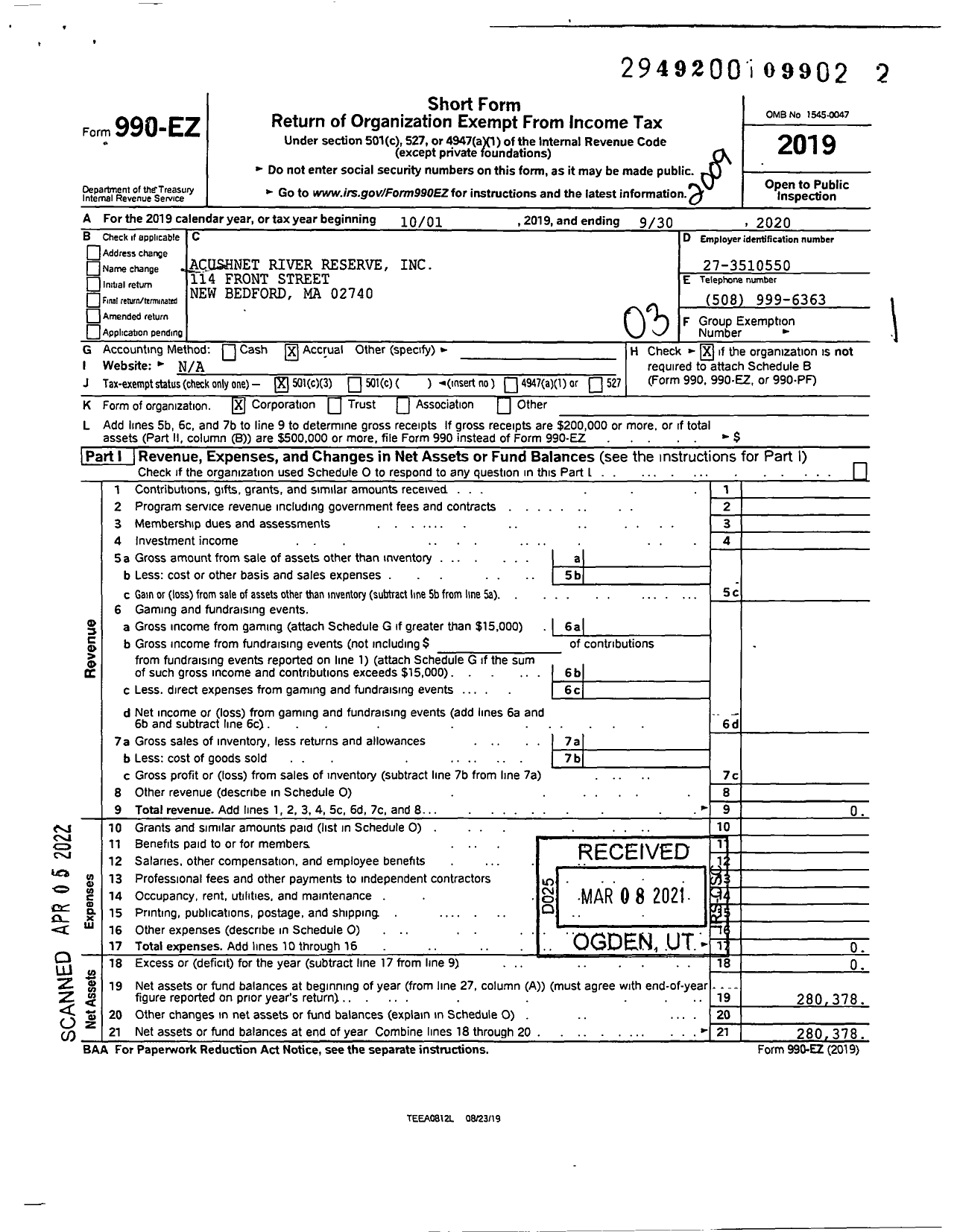 Image of first page of 2019 Form 990EZ for Acushnet River Reserve