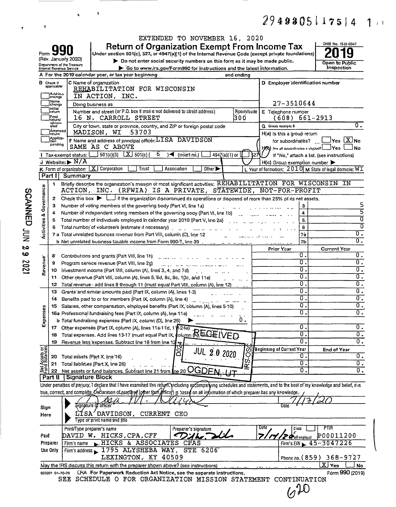 Image of first page of 2019 Form 990O for Rehabilitation for Wisconsin in Action