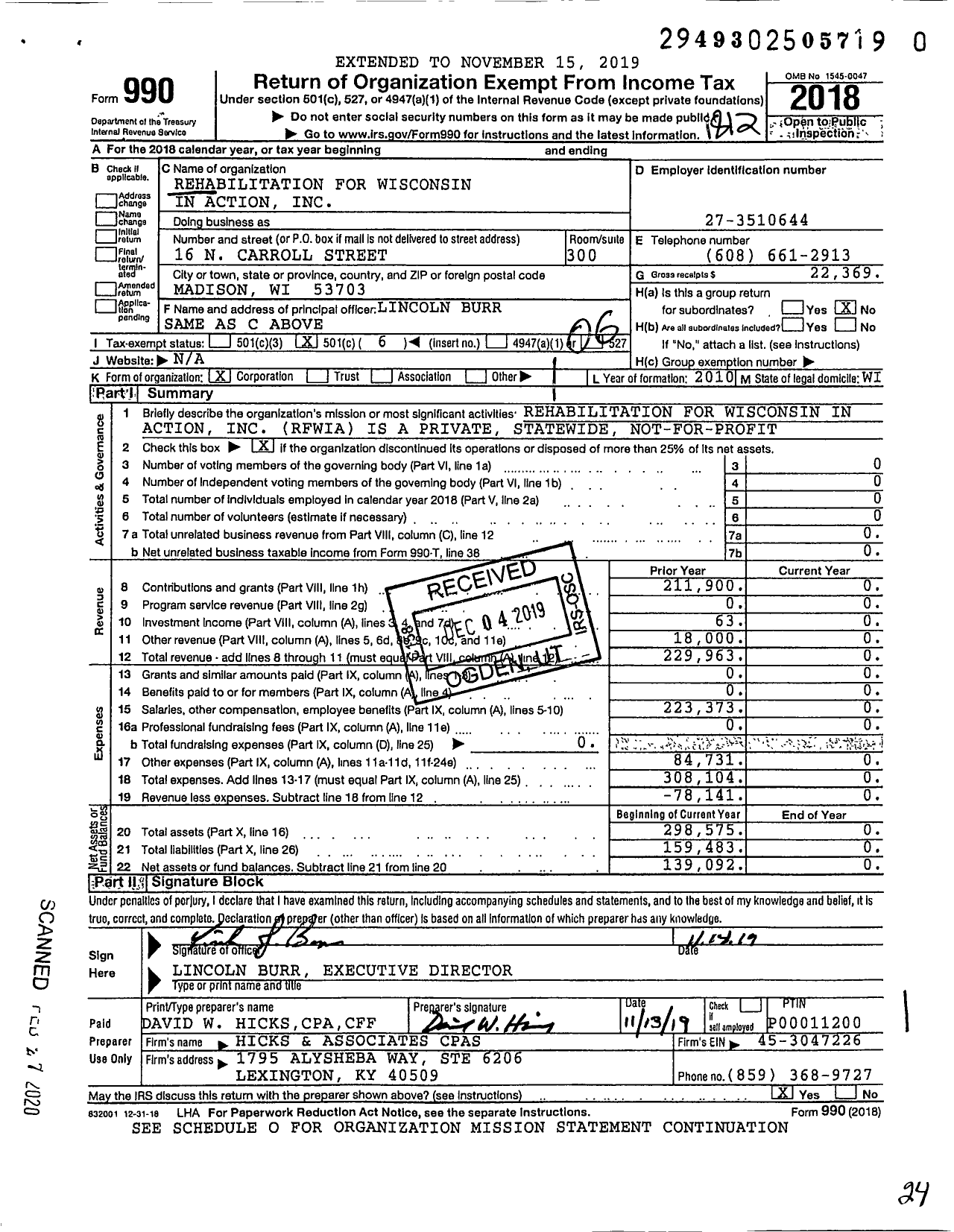 Image of first page of 2018 Form 990O for Rehabilitation for Wisconsin in Action
