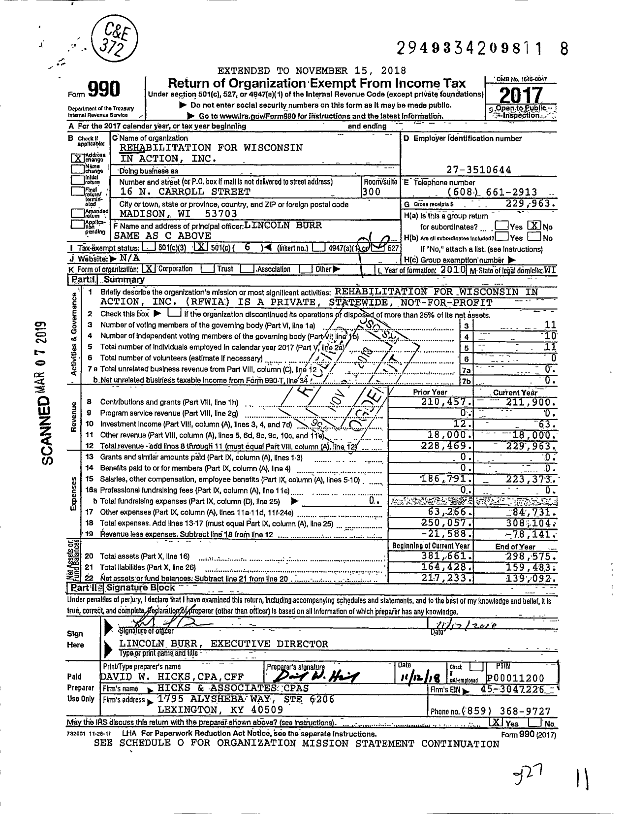 Image of first page of 2017 Form 990O for Rehabilitation for Wisconsin in Action