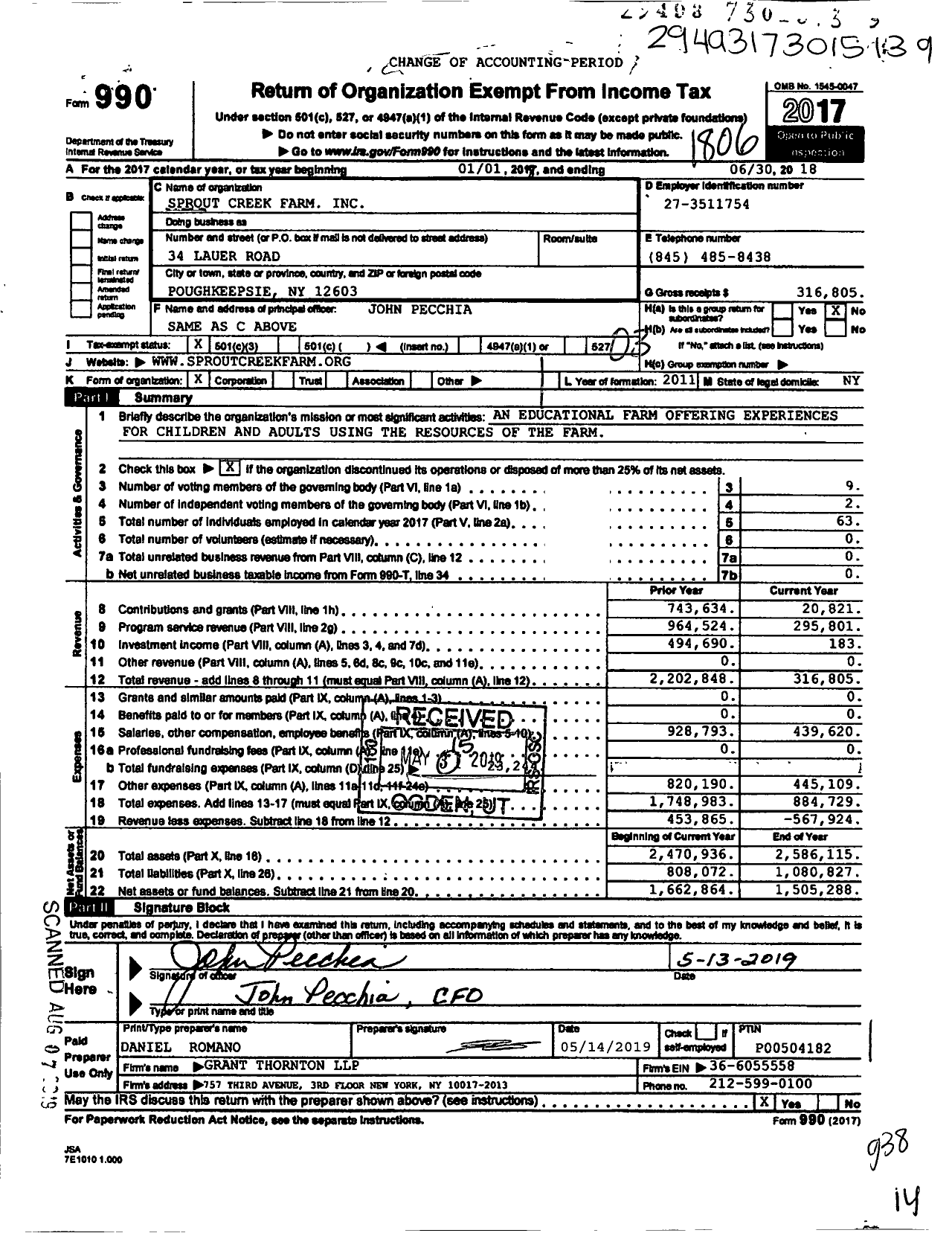 Image of first page of 2017 Form 990 for Sprout Creek Farm