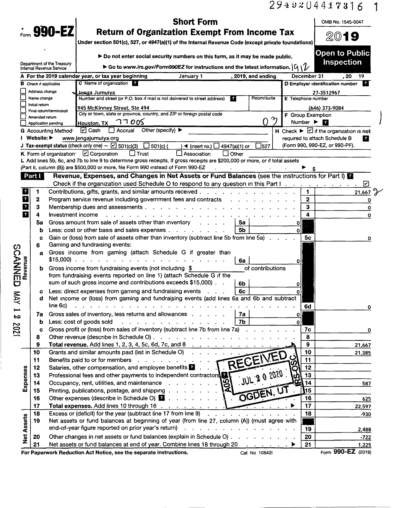 Image of first page of 2019 Form 990EZ for Jenga Jumuia - Building Community Through School Building