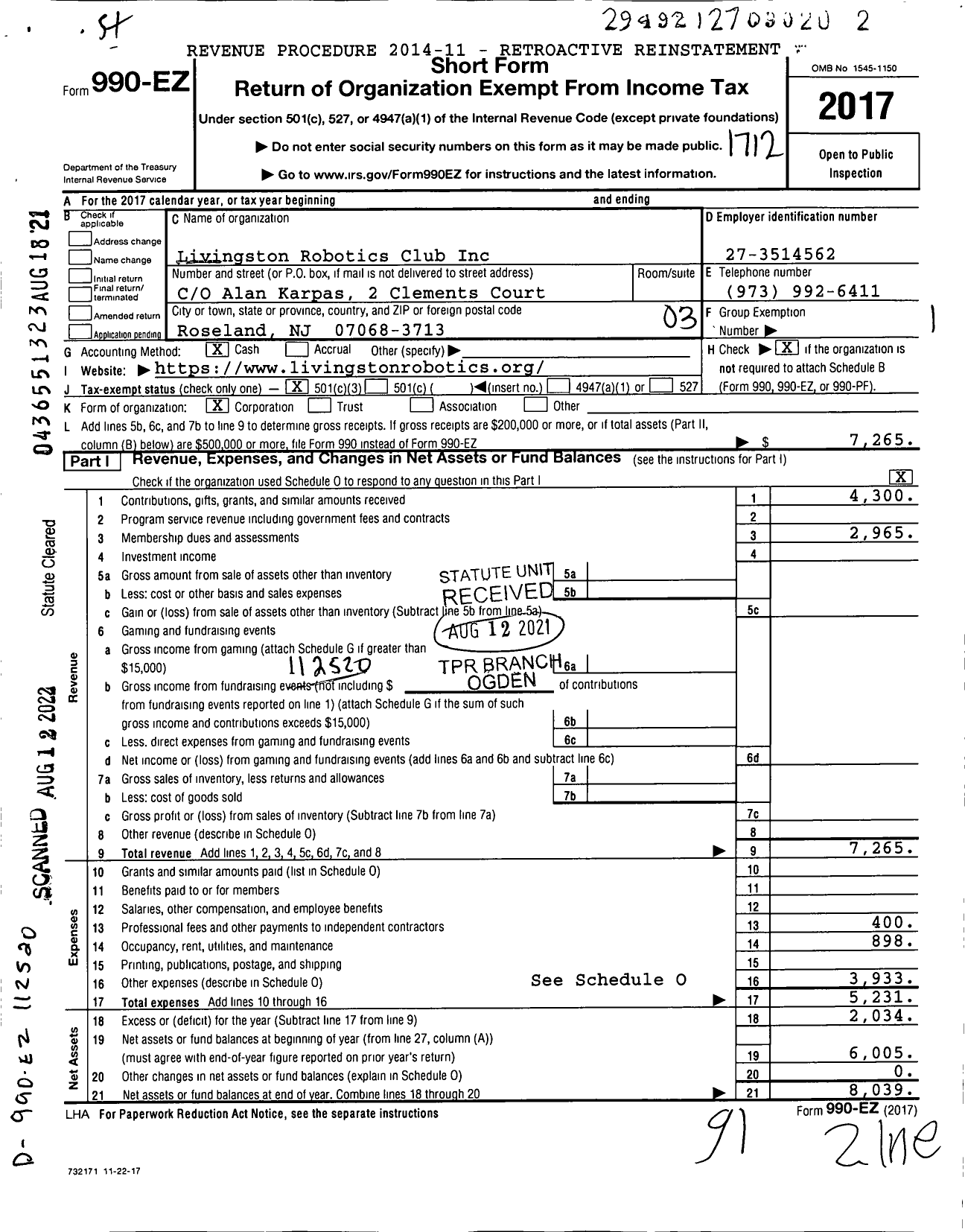 Image of first page of 2016 Form 990EZ for Livingston Robotics Club