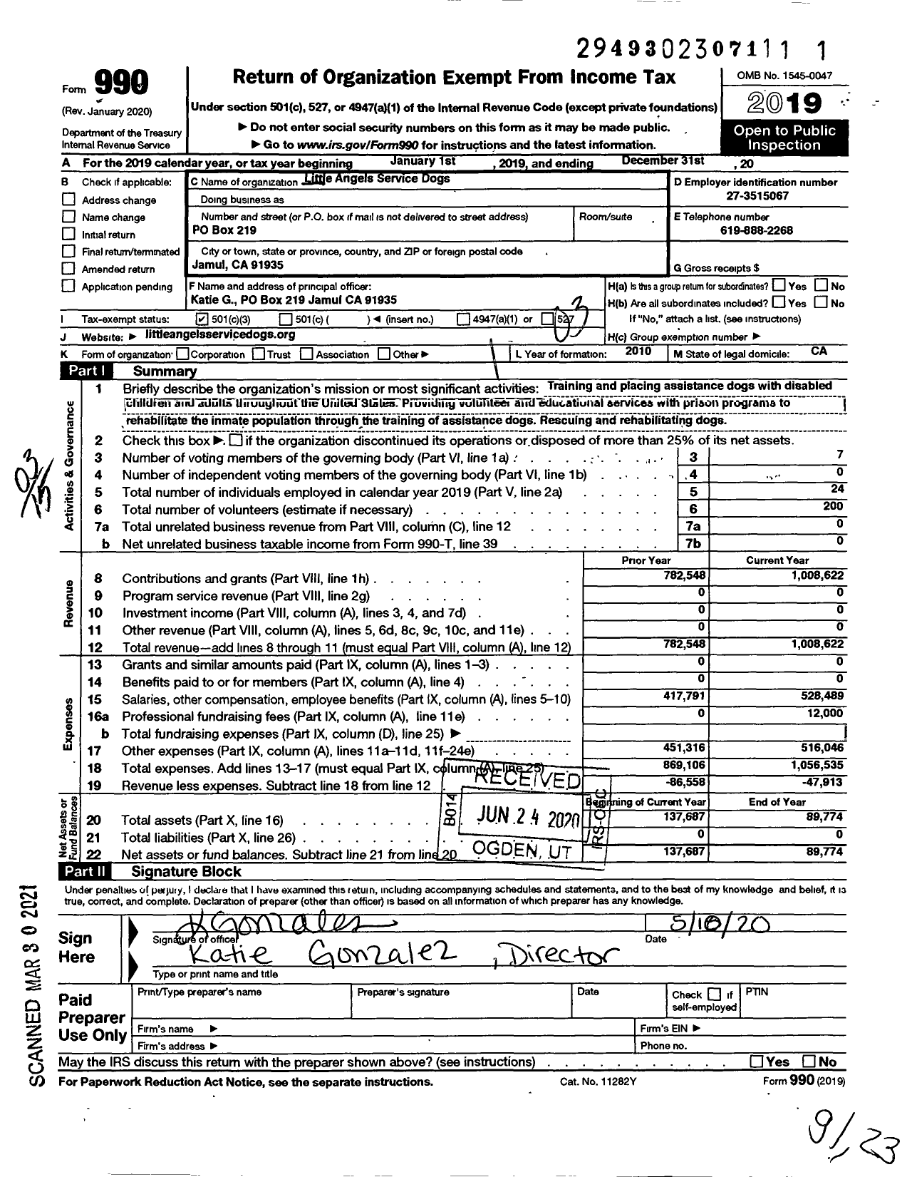 Image of first page of 2019 Form 990 for Little Angels Service Dogs