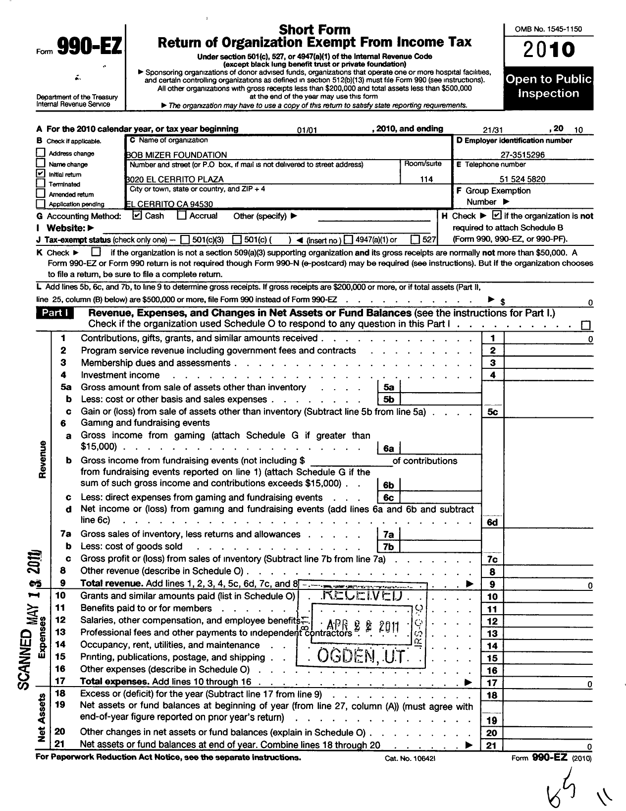 Image of first page of 2010 Form 990EO for Bob Mizer Foundation