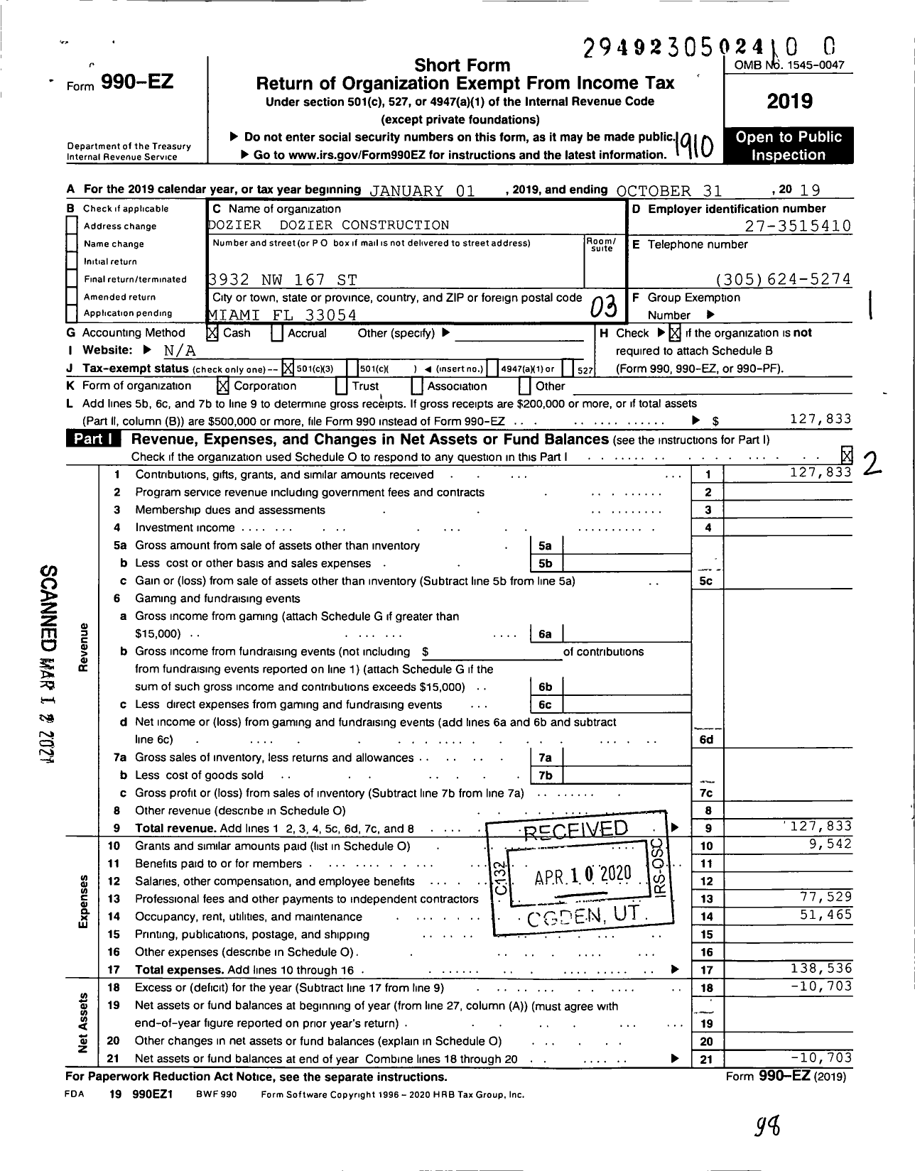 Image of first page of 2018 Form 990EZ for Dozier and Dozier Construction Academy Academy Corporation