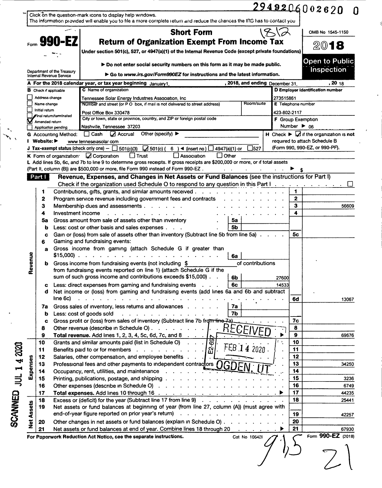 Image of first page of 2018 Form 990EO for Tennessee Solar Energy Industries Association