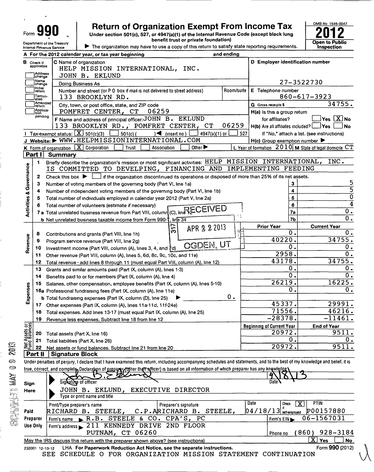 Image of first page of 2012 Form 990 for Help Mission International